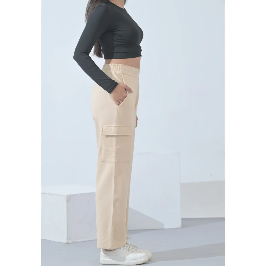 100% Supima Cotton Women Cargo Pants Creme