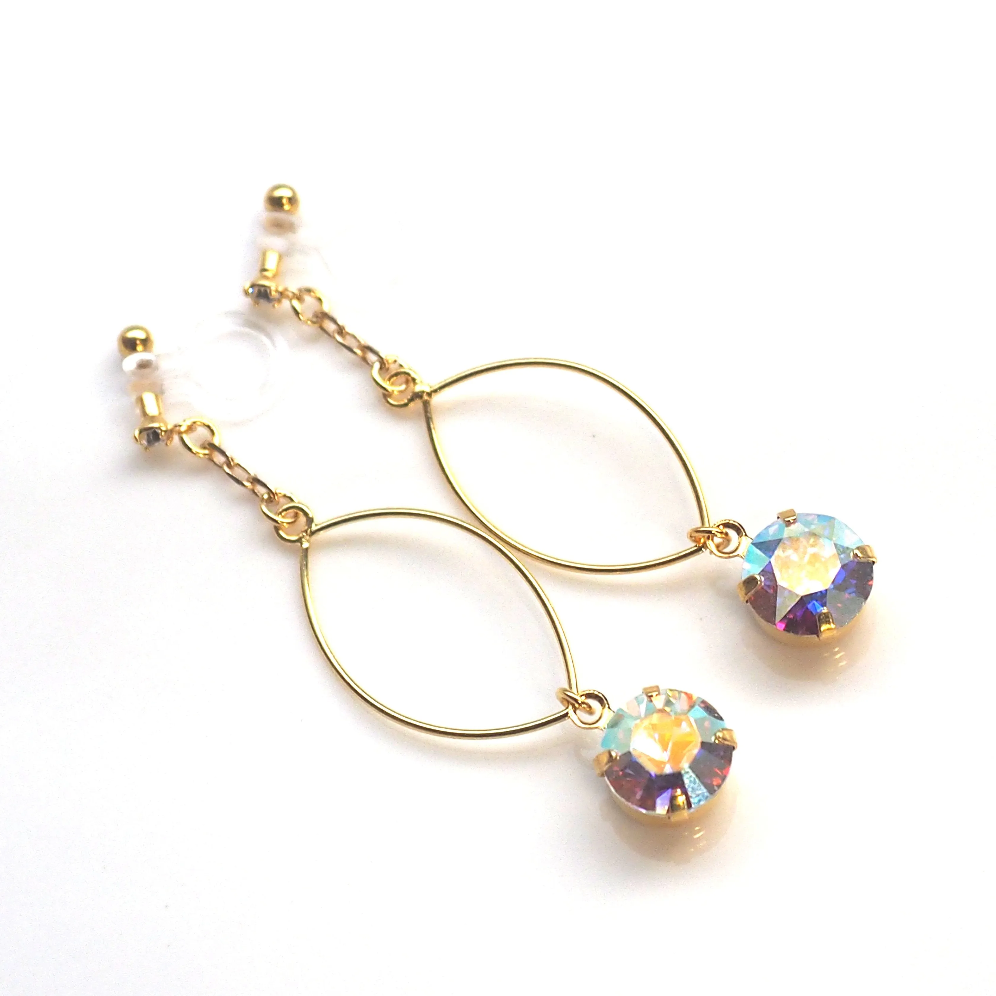 Aurora Borealis Swarovski Crystal and Hoop Invisible Clip On Earrings (Gold tone)