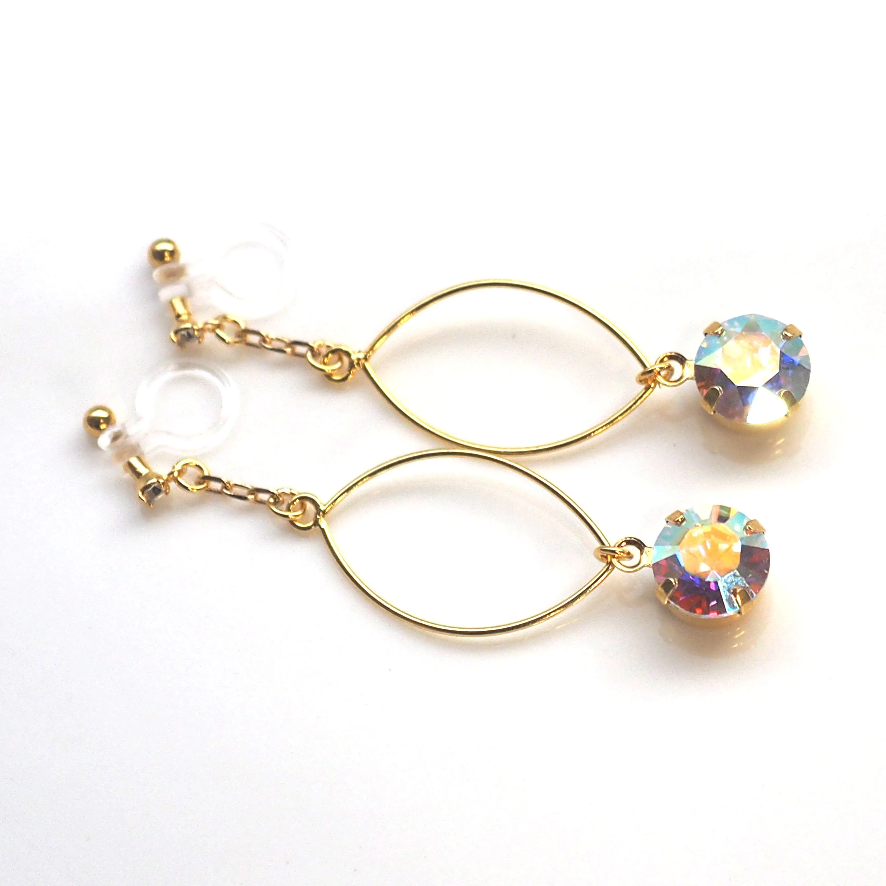 Aurora Borealis Swarovski Crystal and Hoop Invisible Clip On Earrings (Gold tone)