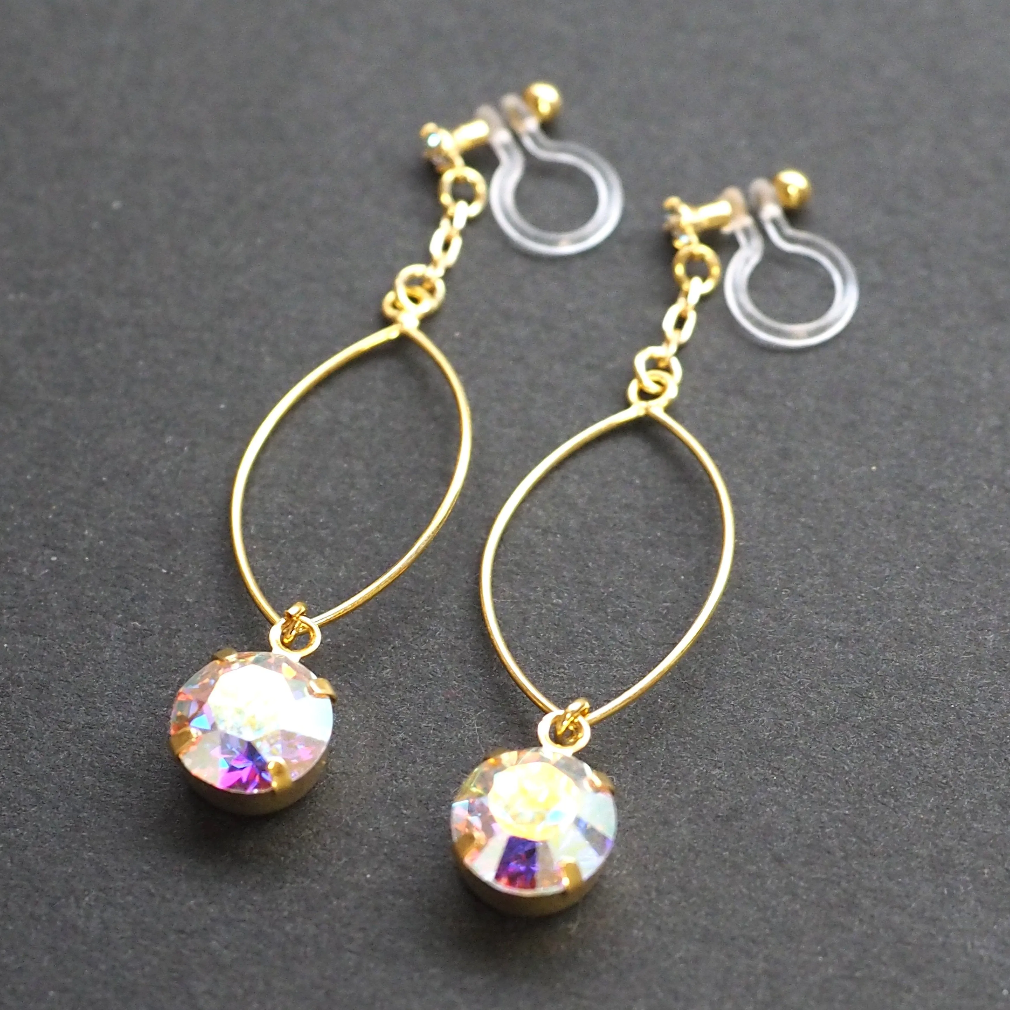 Aurora Borealis Swarovski Crystal and Hoop Invisible Clip On Earrings (Gold tone)