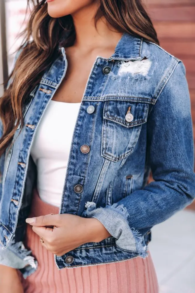 Basic Women's Ripped Long Sleeve Cropped Denim Jean Jacket