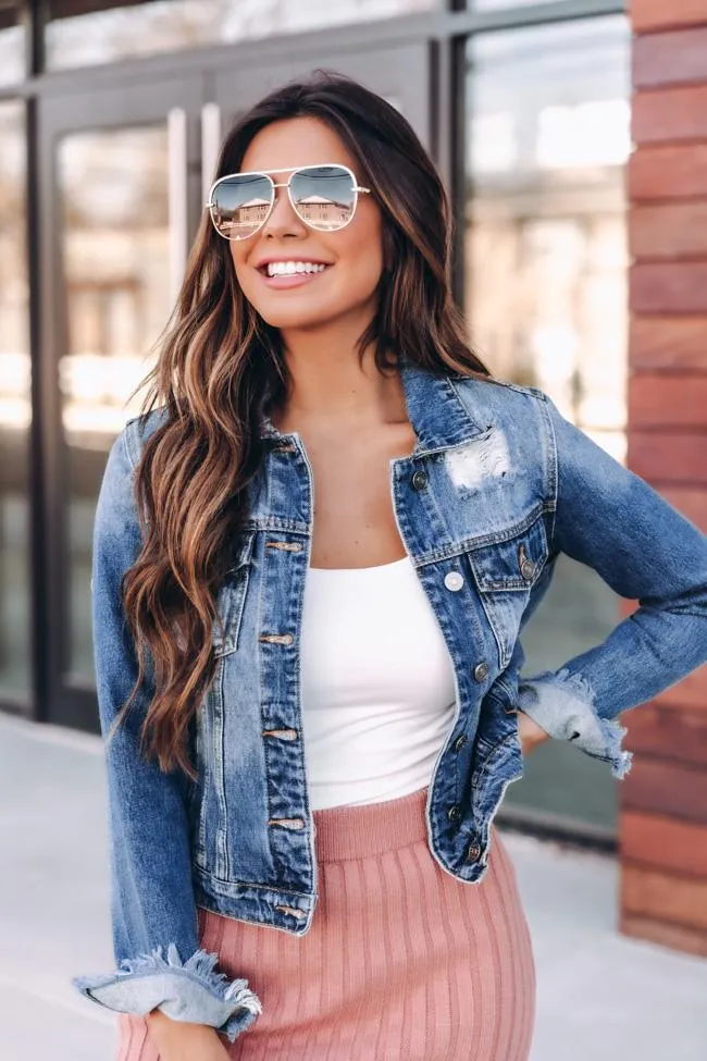 Basic Women's Ripped Long Sleeve Cropped Denim Jean Jacket