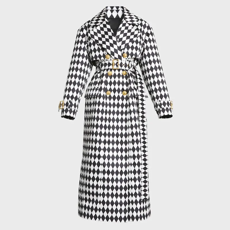 Black And White Diamond Grid Belt Long Trench Coat