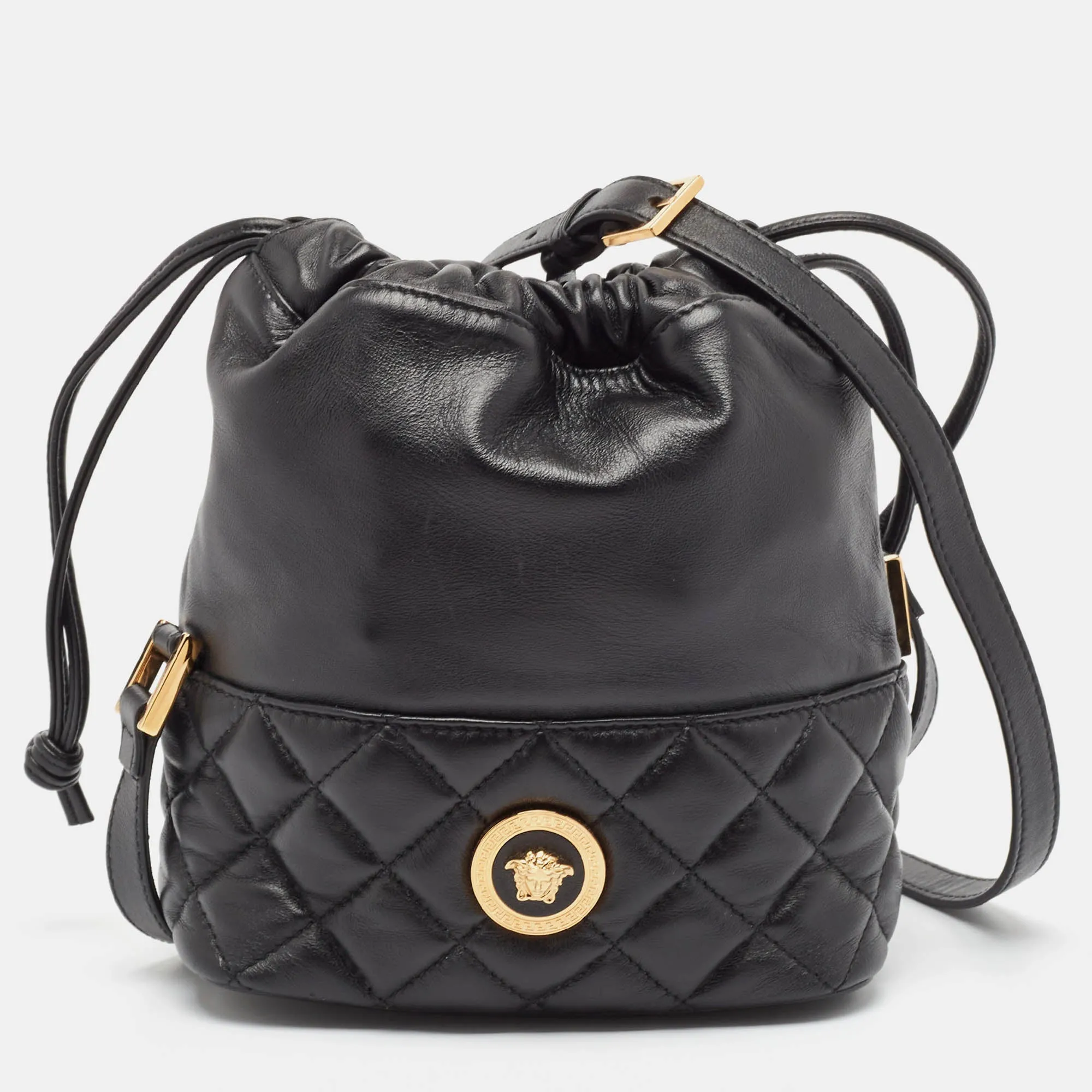 Black Quilted Leather Medusa Drawstring Bucket Bag