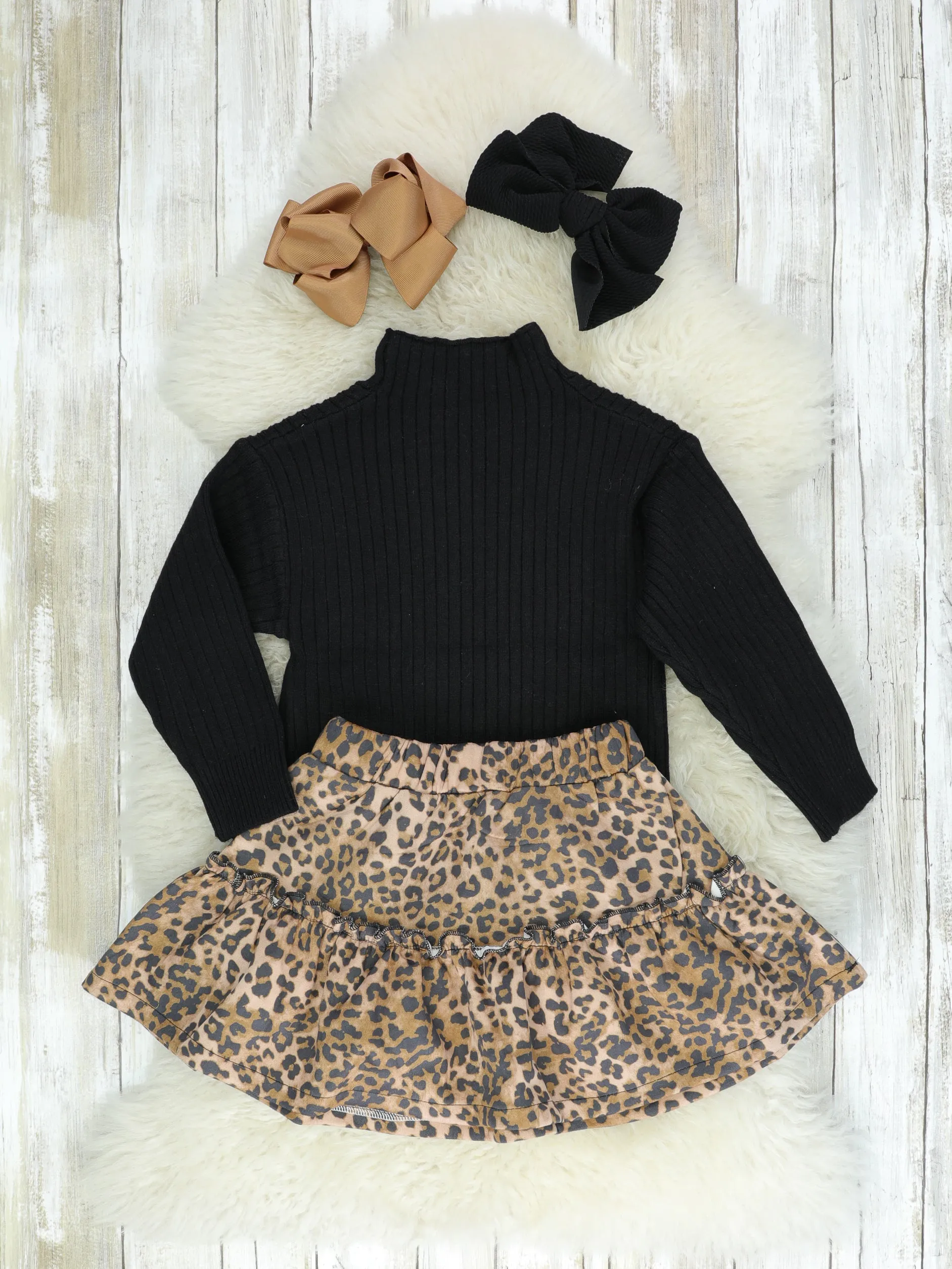 Black Turtleneck & Leopard Skirt Outfit