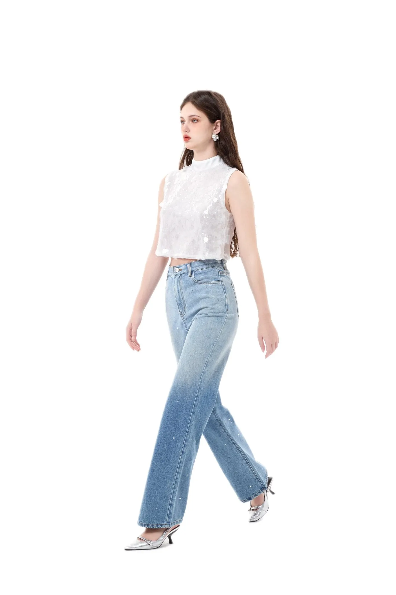 Blue Gradient Rhinestone Straight Leg Jeans