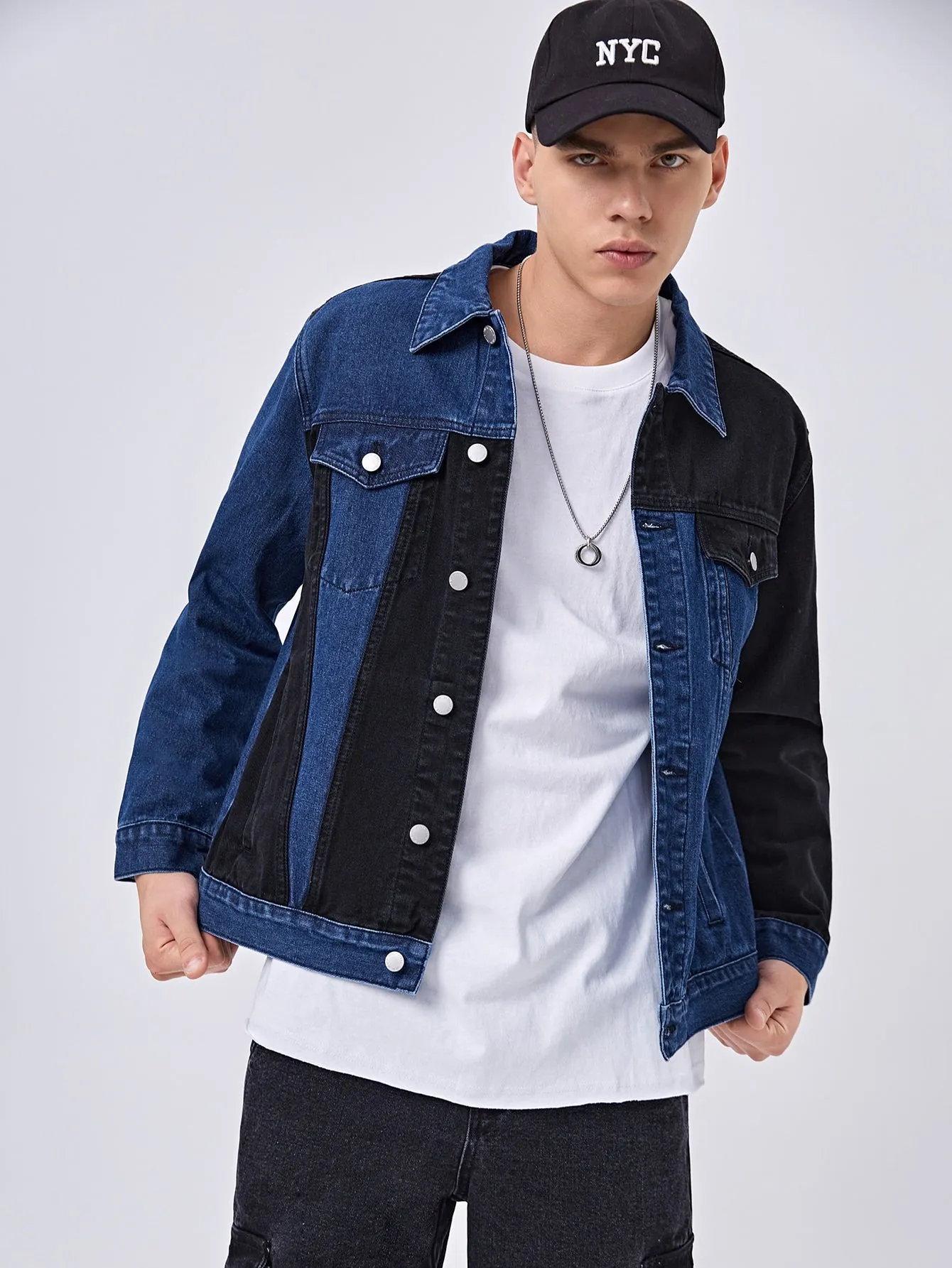 Blue Single Breasted Button Front Flap Pocket Two Tone Denim Jacket