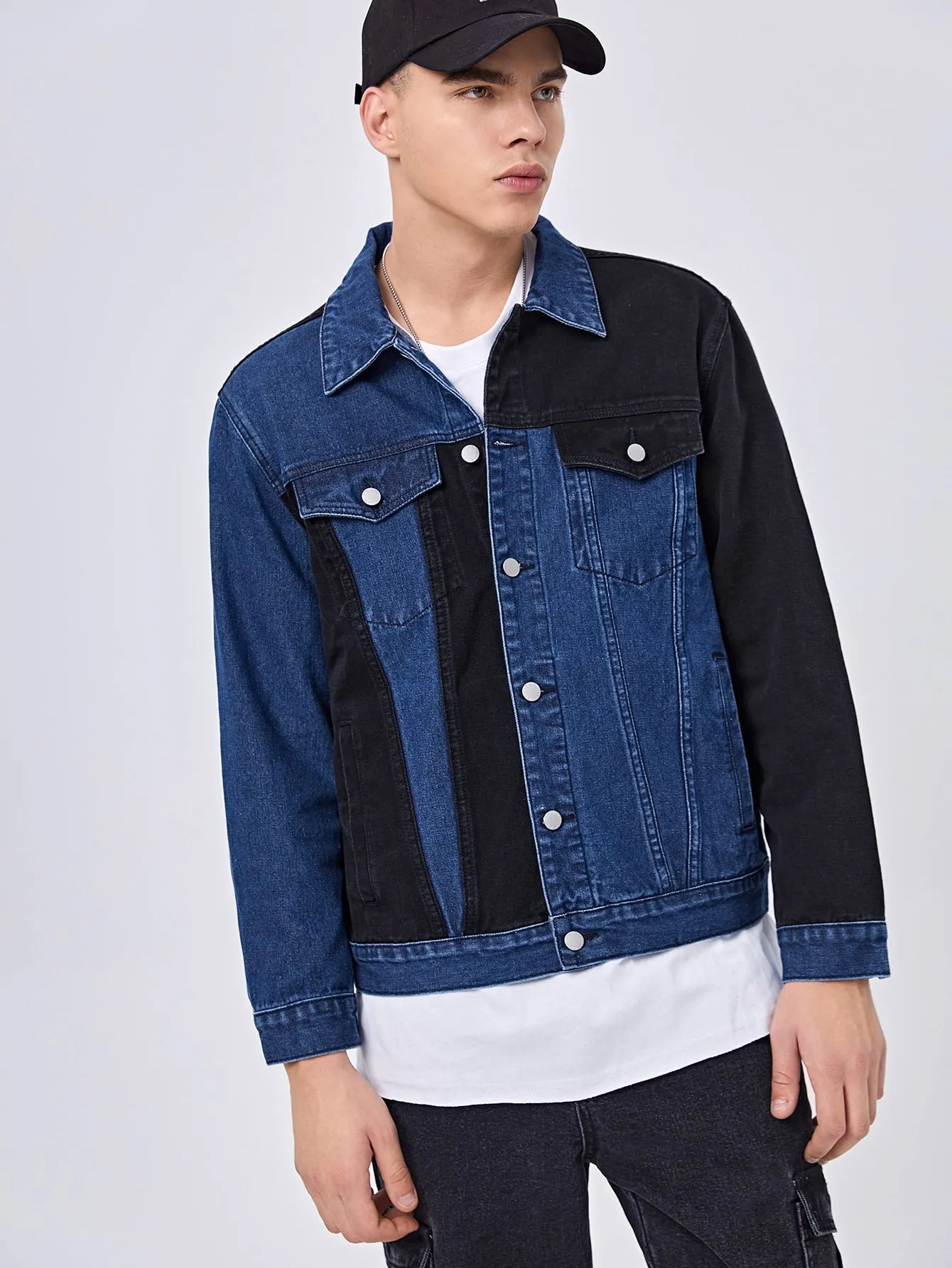 Blue Single Breasted Button Front Flap Pocket Two Tone Denim Jacket