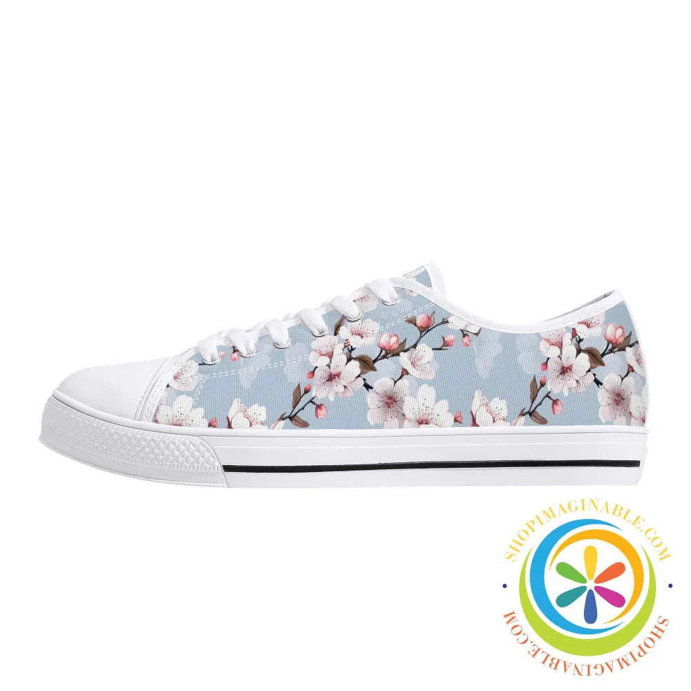 Blue Sky Cherry Blossoms Ladies Low Top Canvas Shoes