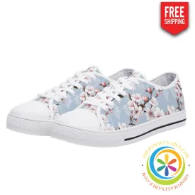 Blue Sky Cherry Blossoms Ladies Low Top Canvas Shoes