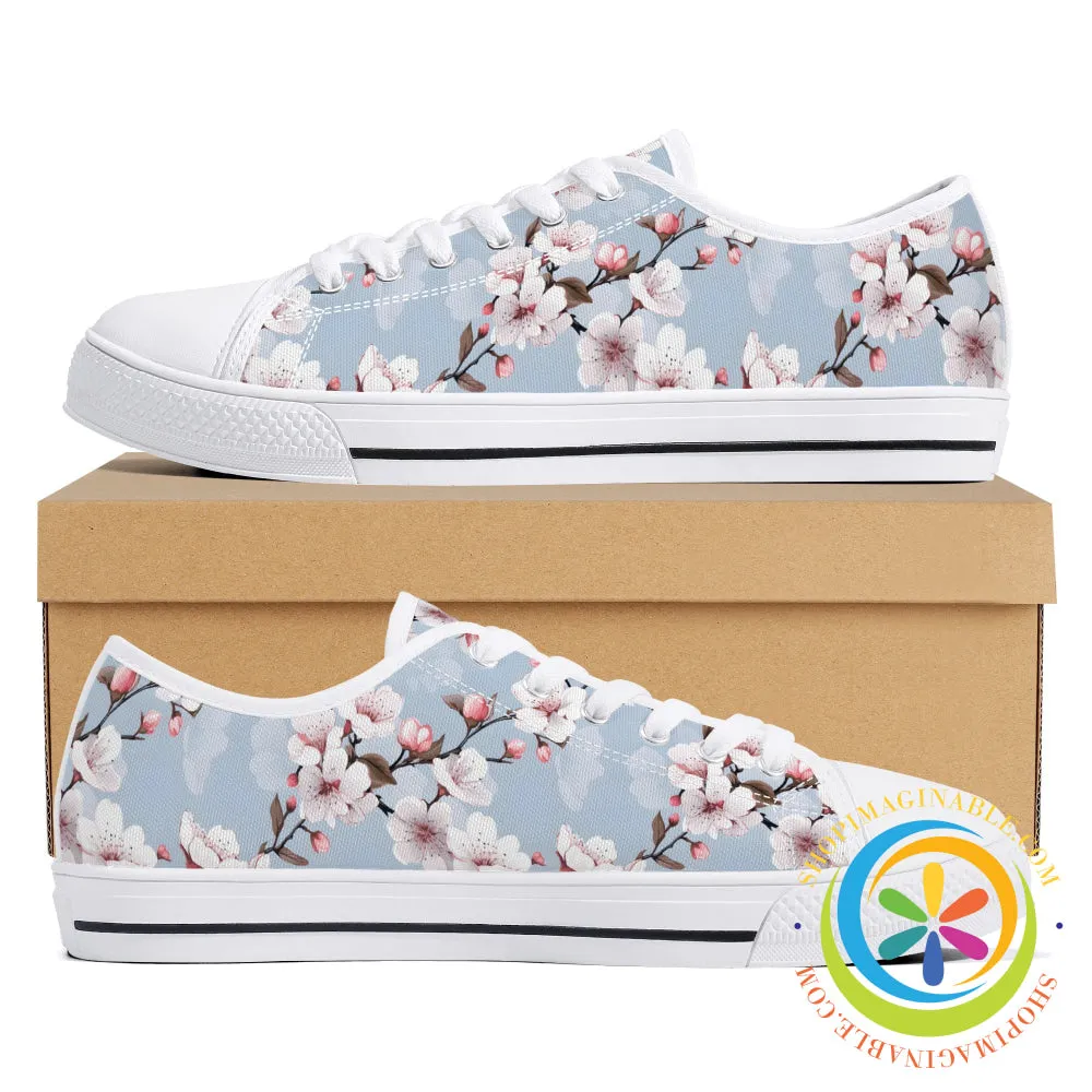 Blue Sky Cherry Blossoms Ladies Low Top Canvas Shoes