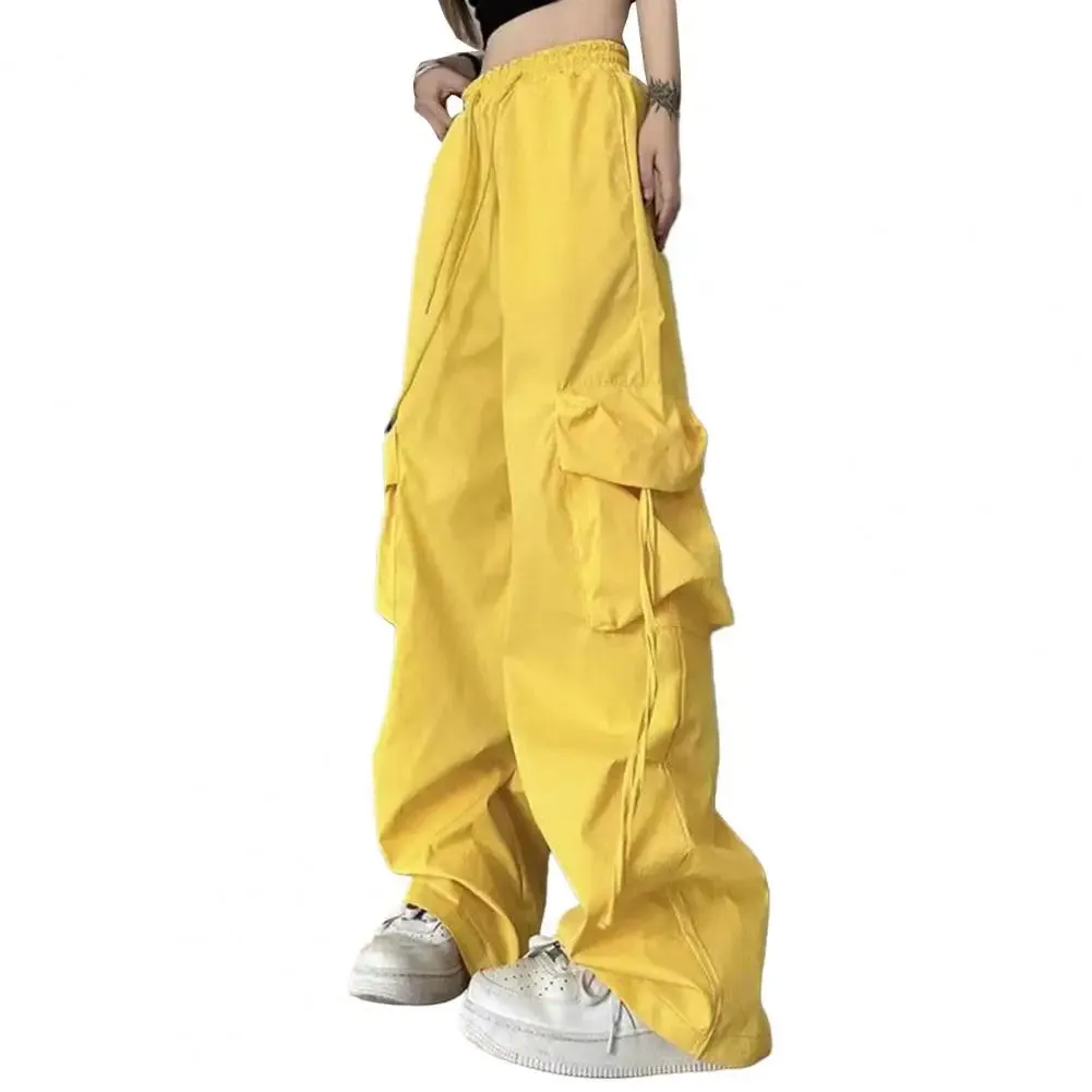 Bonnyshow Solid Color Cargo Pants Streetwear Hop Cargo Pants for Women with Big Pockets Loose Wide Leg Trousers High Waist Design Solid