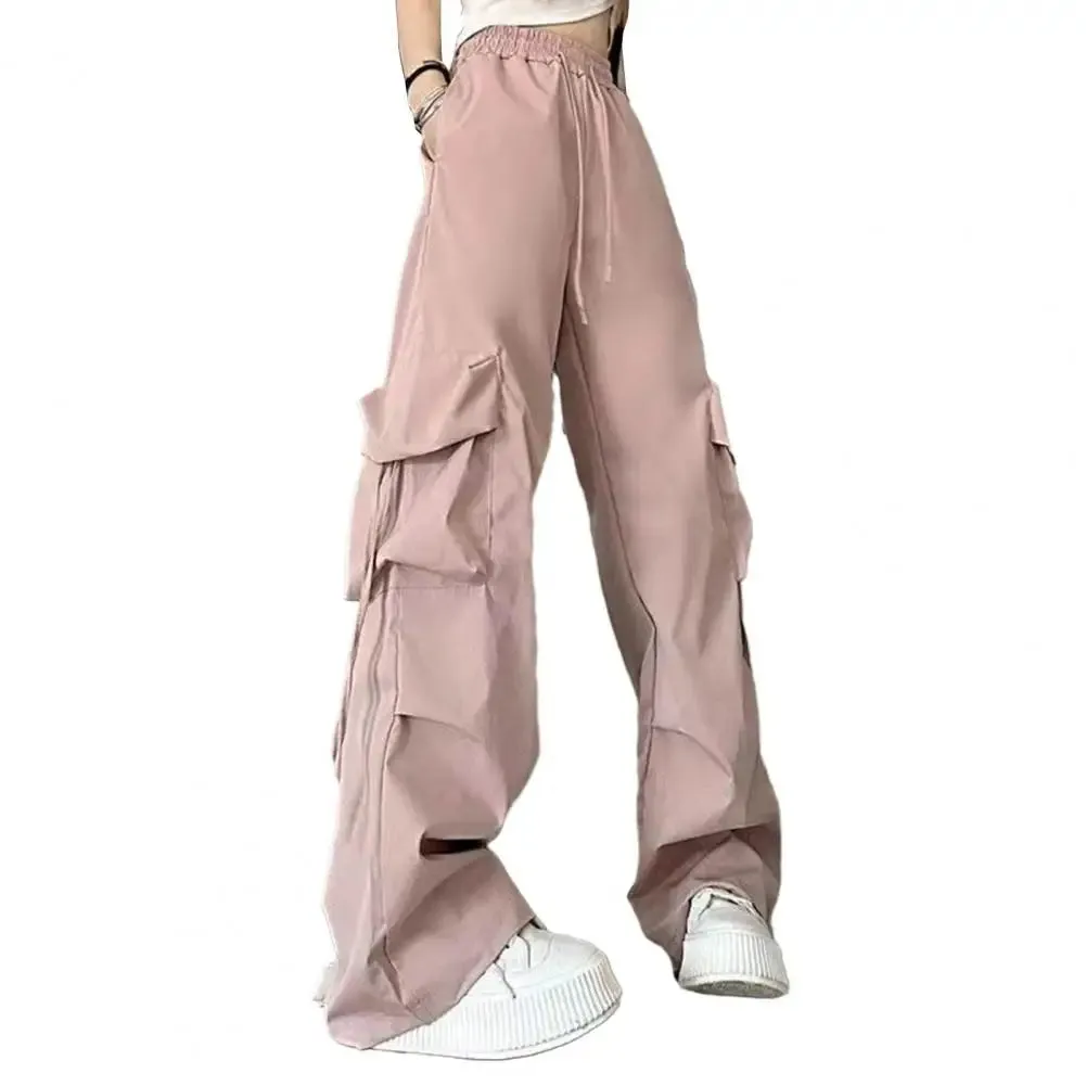 Bonnyshow Solid Color Cargo Pants Streetwear Hop Cargo Pants for Women with Big Pockets Loose Wide Leg Trousers High Waist Design Solid