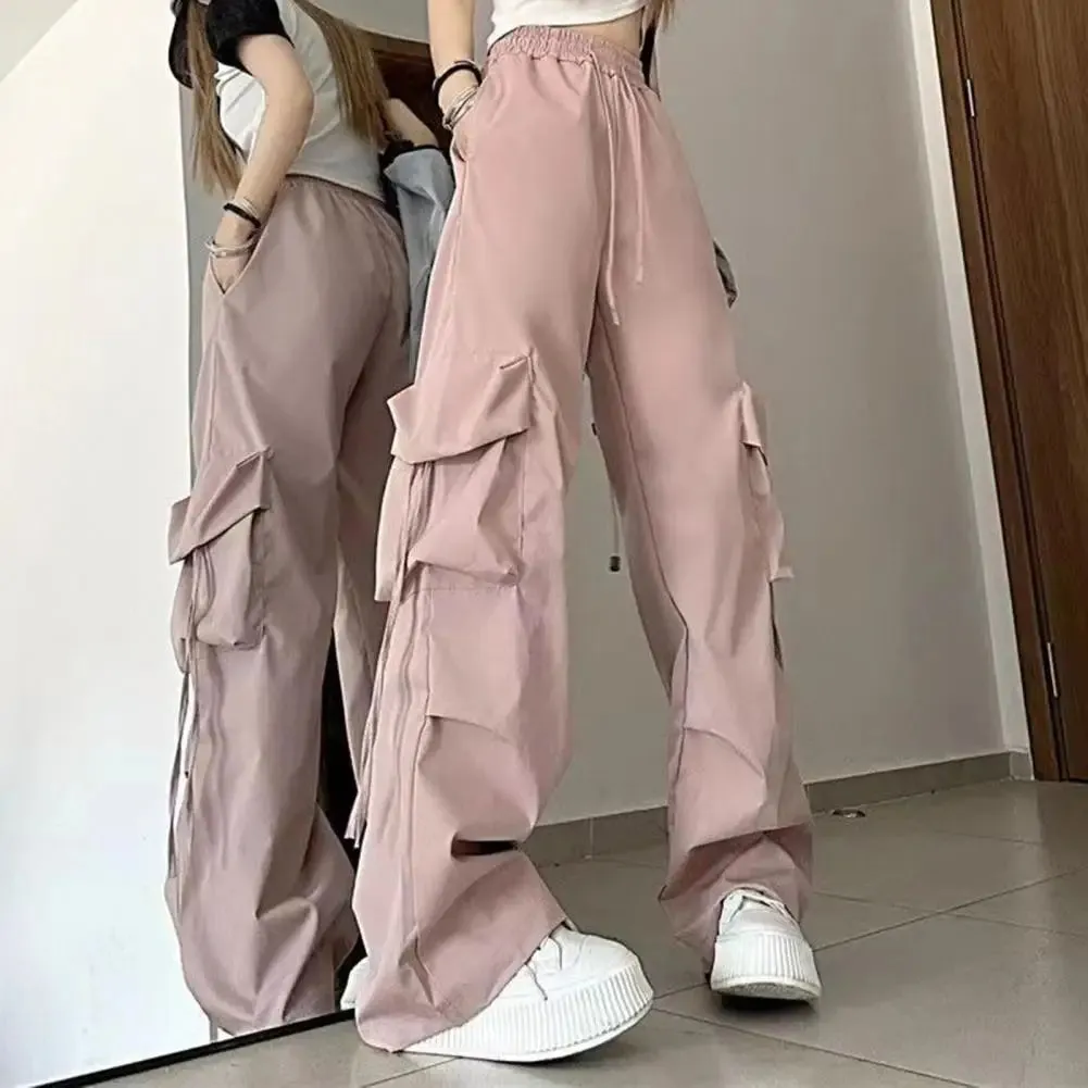 Bonnyshow Solid Color Cargo Pants Streetwear Hop Cargo Pants for Women with Big Pockets Loose Wide Leg Trousers High Waist Design Solid