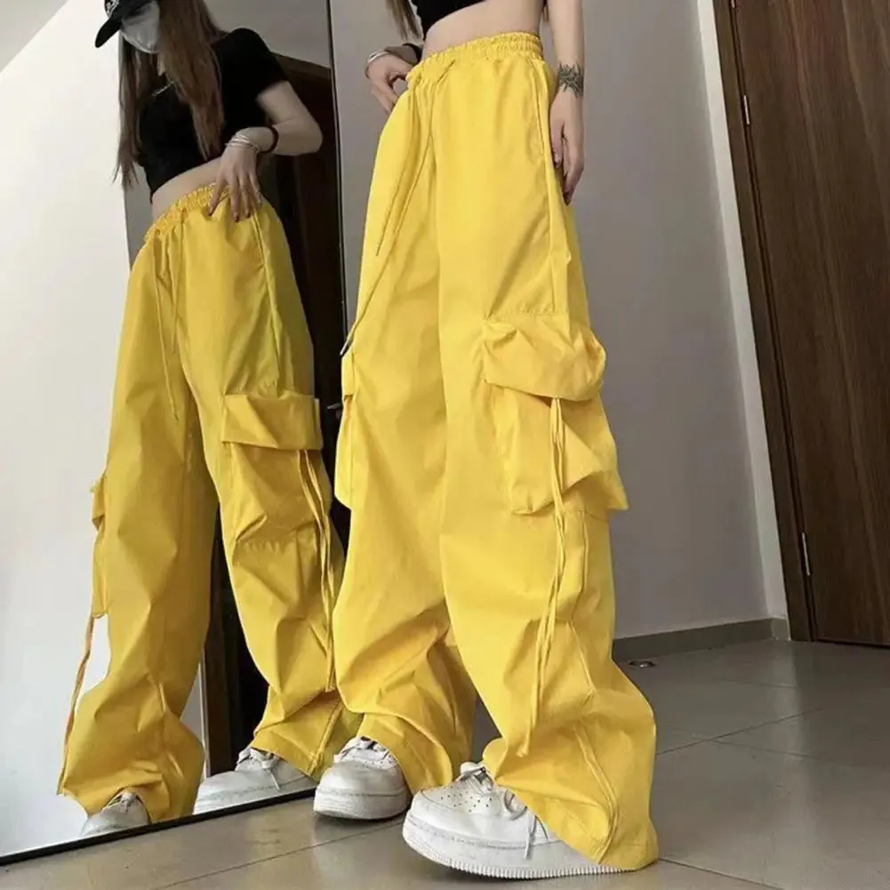 Bonnyshow Solid Color Cargo Pants Streetwear Hop Cargo Pants for Women with Big Pockets Loose Wide Leg Trousers High Waist Design Solid