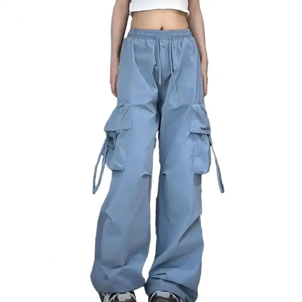 Bonnyshow Solid Color Cargo Pants Streetwear Hop Cargo Pants for Women with Big Pockets Loose Wide Leg Trousers High Waist Design Solid