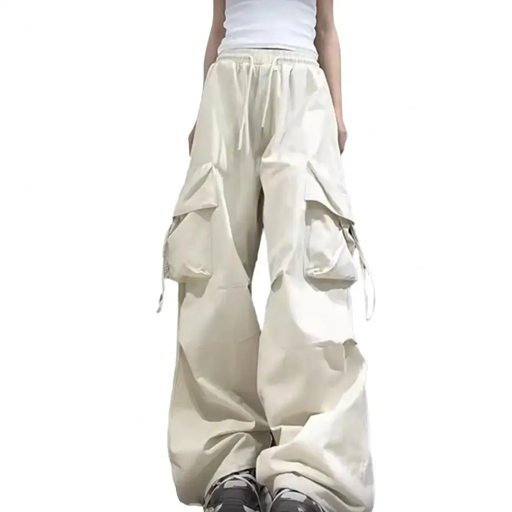 Bonnyshow Solid Color Cargo Pants Streetwear Hop Cargo Pants for Women with Big Pockets Loose Wide Leg Trousers High Waist Design Solid