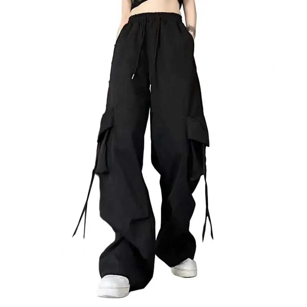 Bonnyshow Solid Color Cargo Pants Streetwear Hop Cargo Pants for Women with Big Pockets Loose Wide Leg Trousers High Waist Design Solid