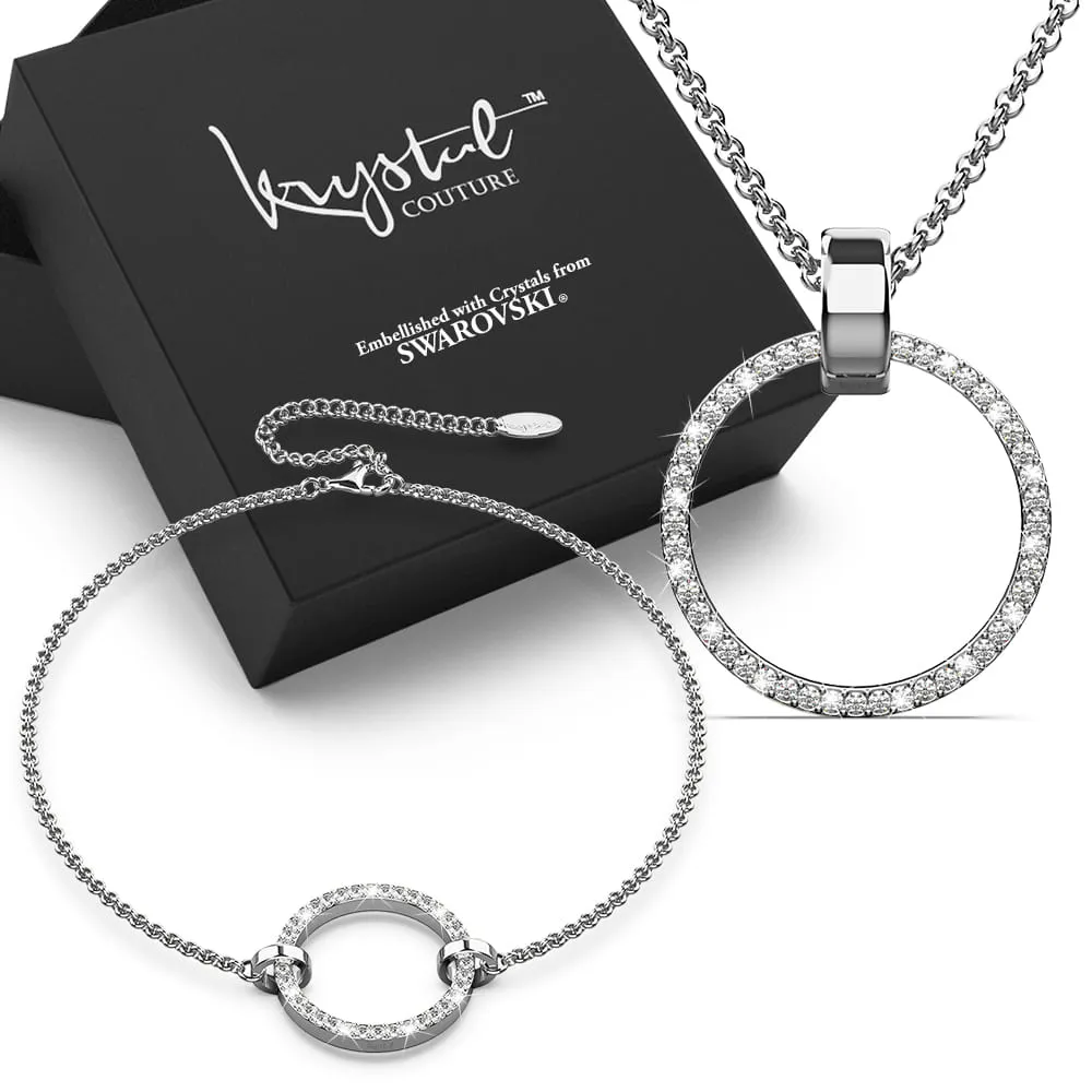 Boxed Orbit Beauty Bracelet & Charm Necklace Set with Swarovski Crystal in White Gold