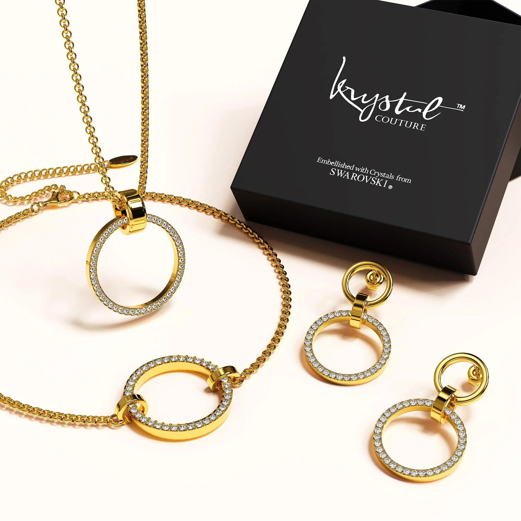 Boxed Orbit Earrings, Bracelet & Necklace Set with Swarovski Crystal in Gold