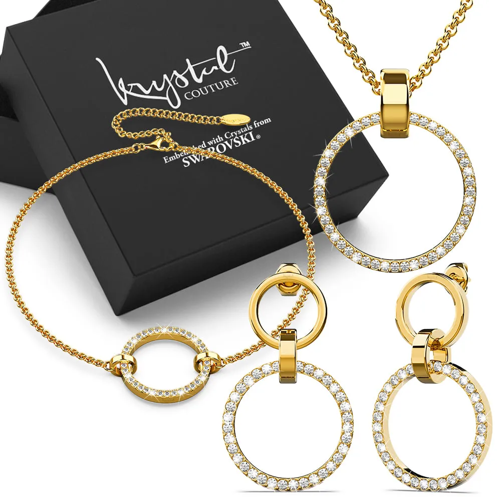 Boxed Orbit Earrings, Bracelet & Necklace Set with Swarovski Crystal in Gold