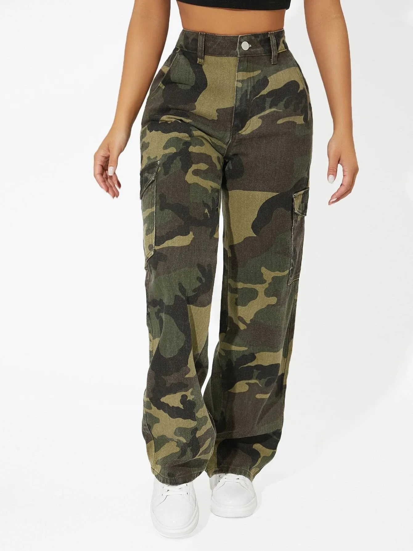 Camo Print Flap Pocket Side Cargo Jeans