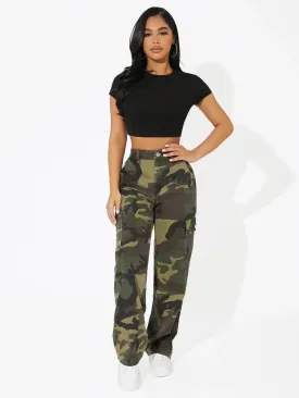 Camo Print Flap Pocket Side Cargo Jeans