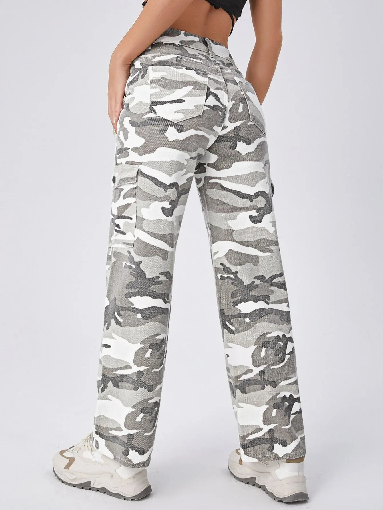 Camo Print Flap Pocket Side Cargo Jeans