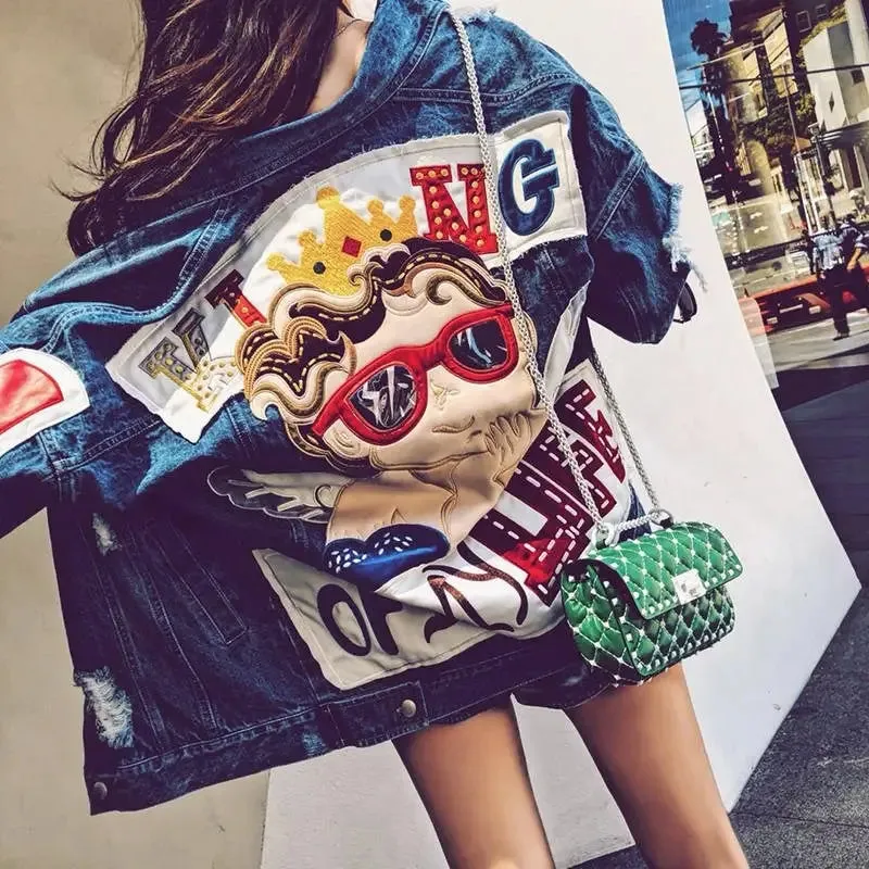 Cartoon Angel Loose Denim Jackets