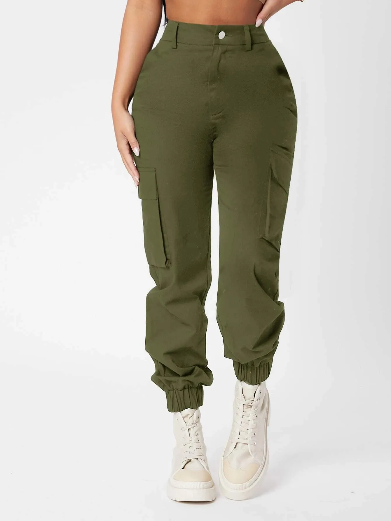 Casual High Waist Flap Pocket Pants