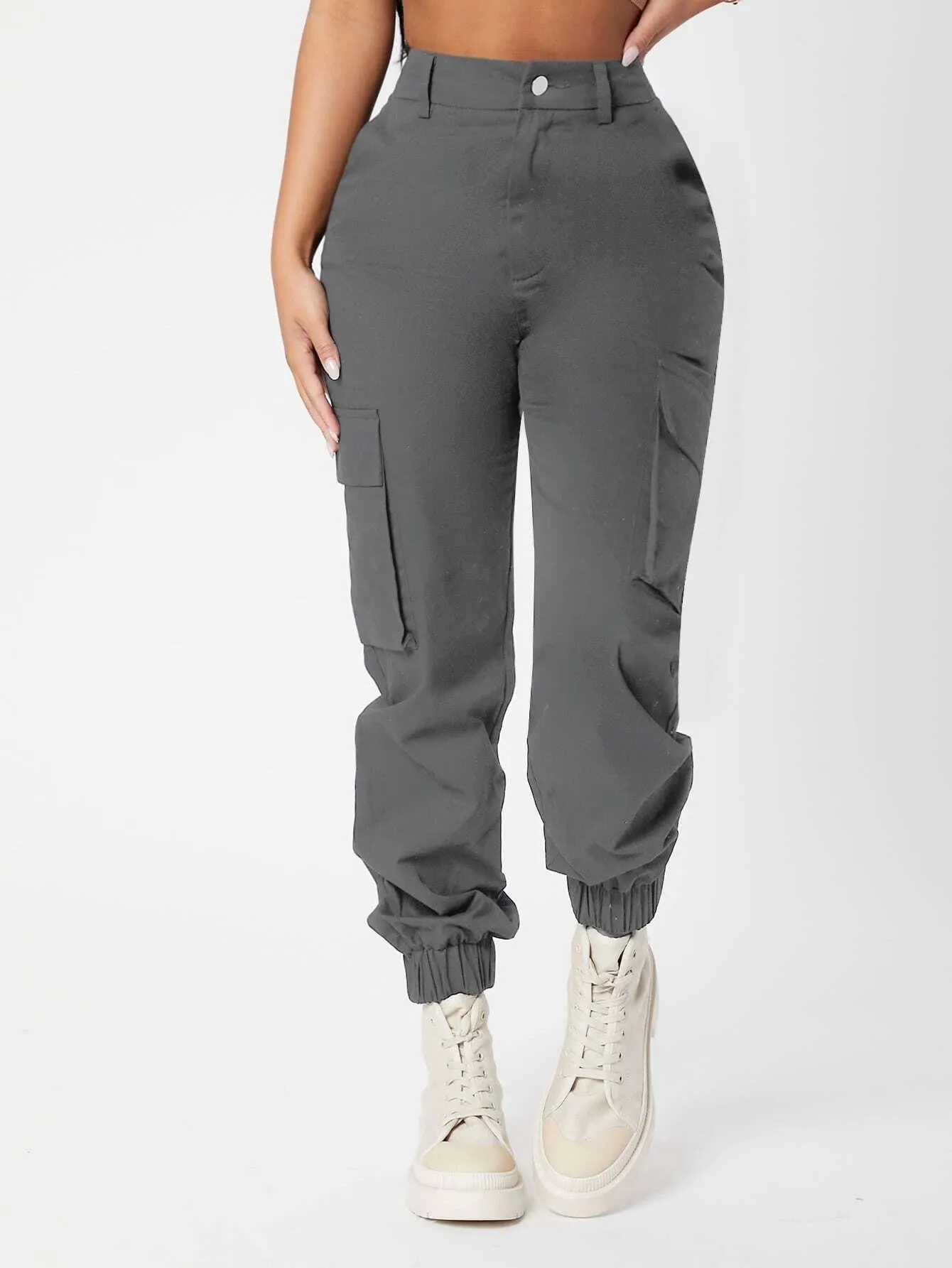 Casual High Waist Flap Pocket Pants