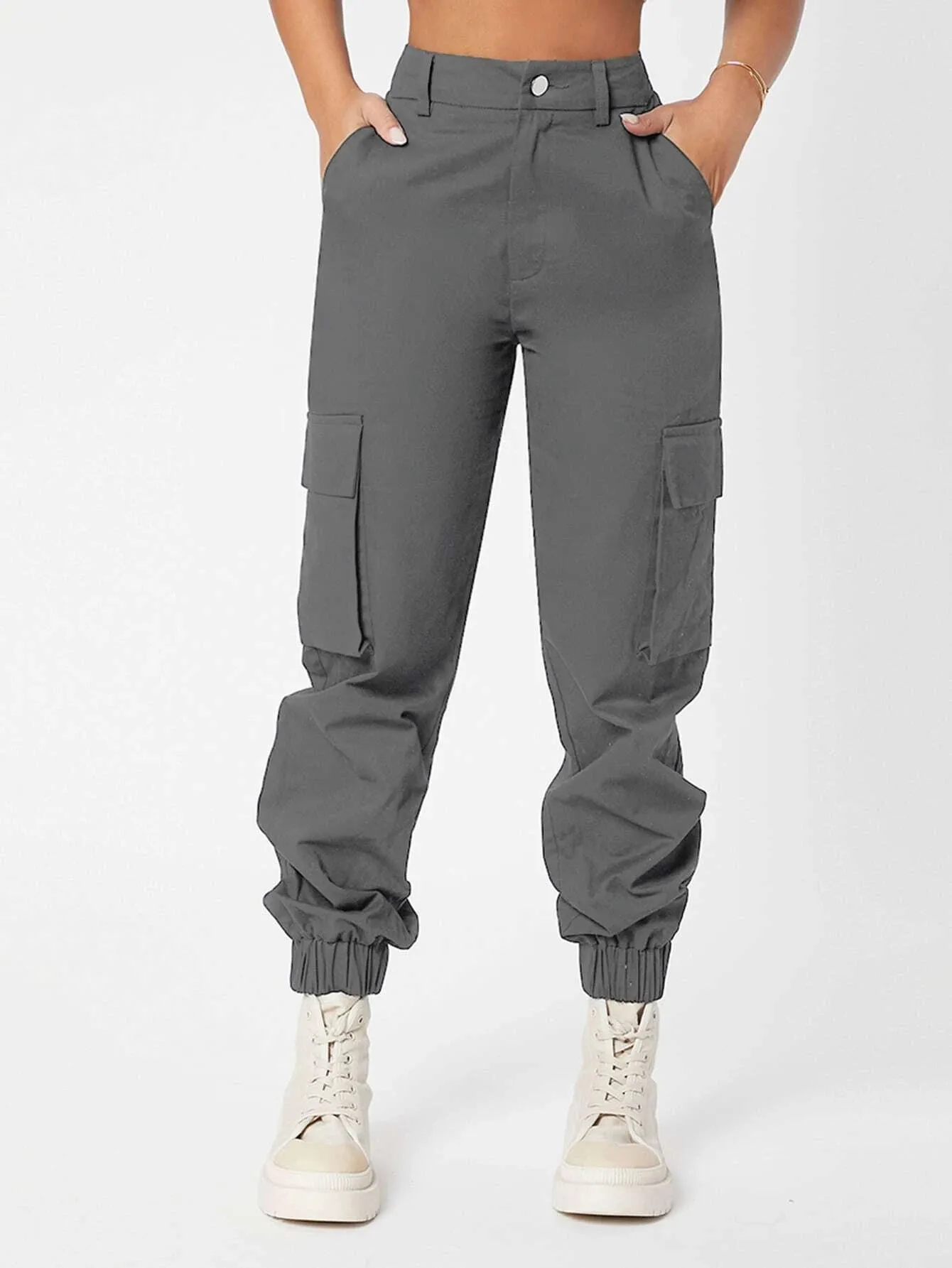 Casual High Waist Flap Pocket Pants