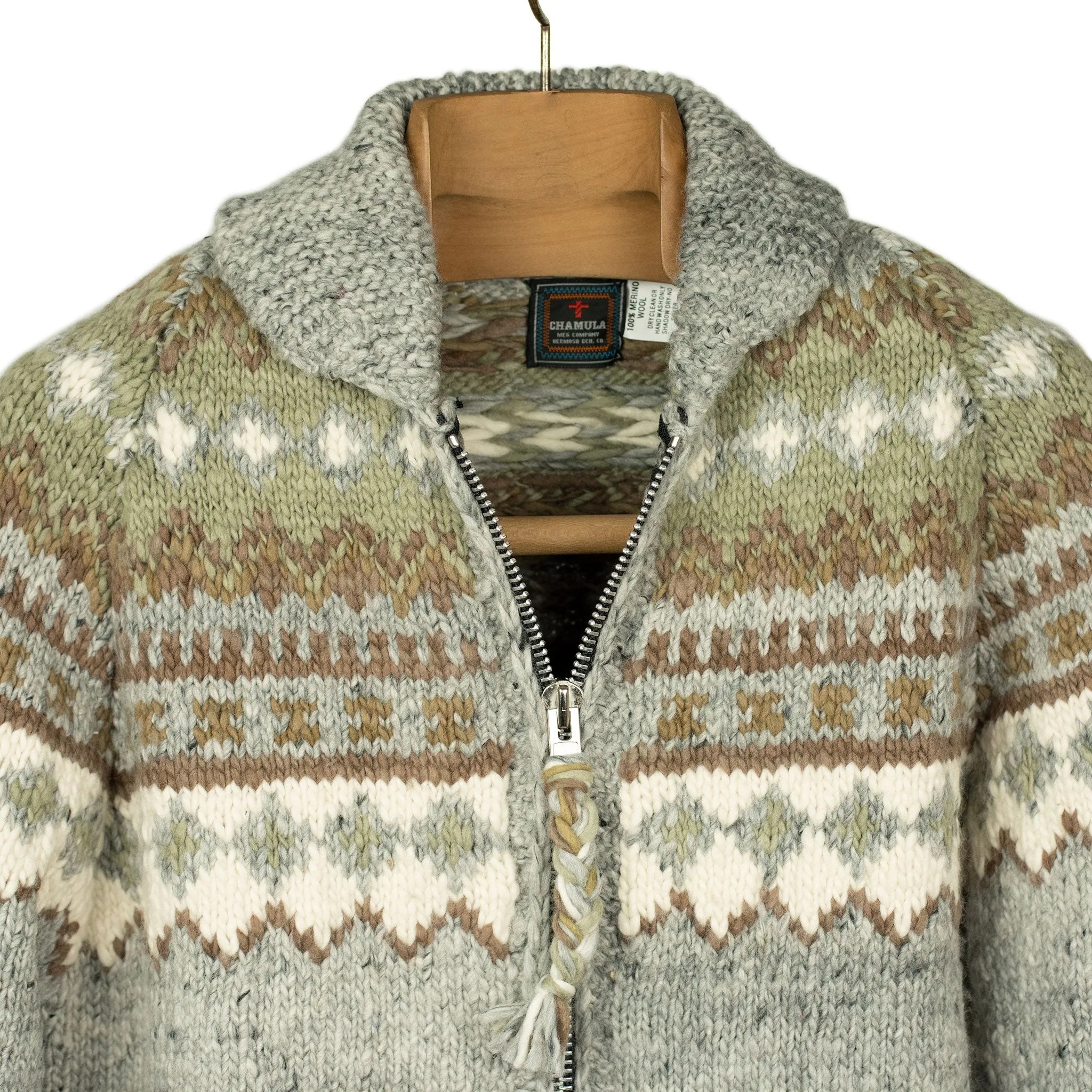 Chamula hand-knit Fair Isle zipper cardigan in Pearl Grey wool (restock)