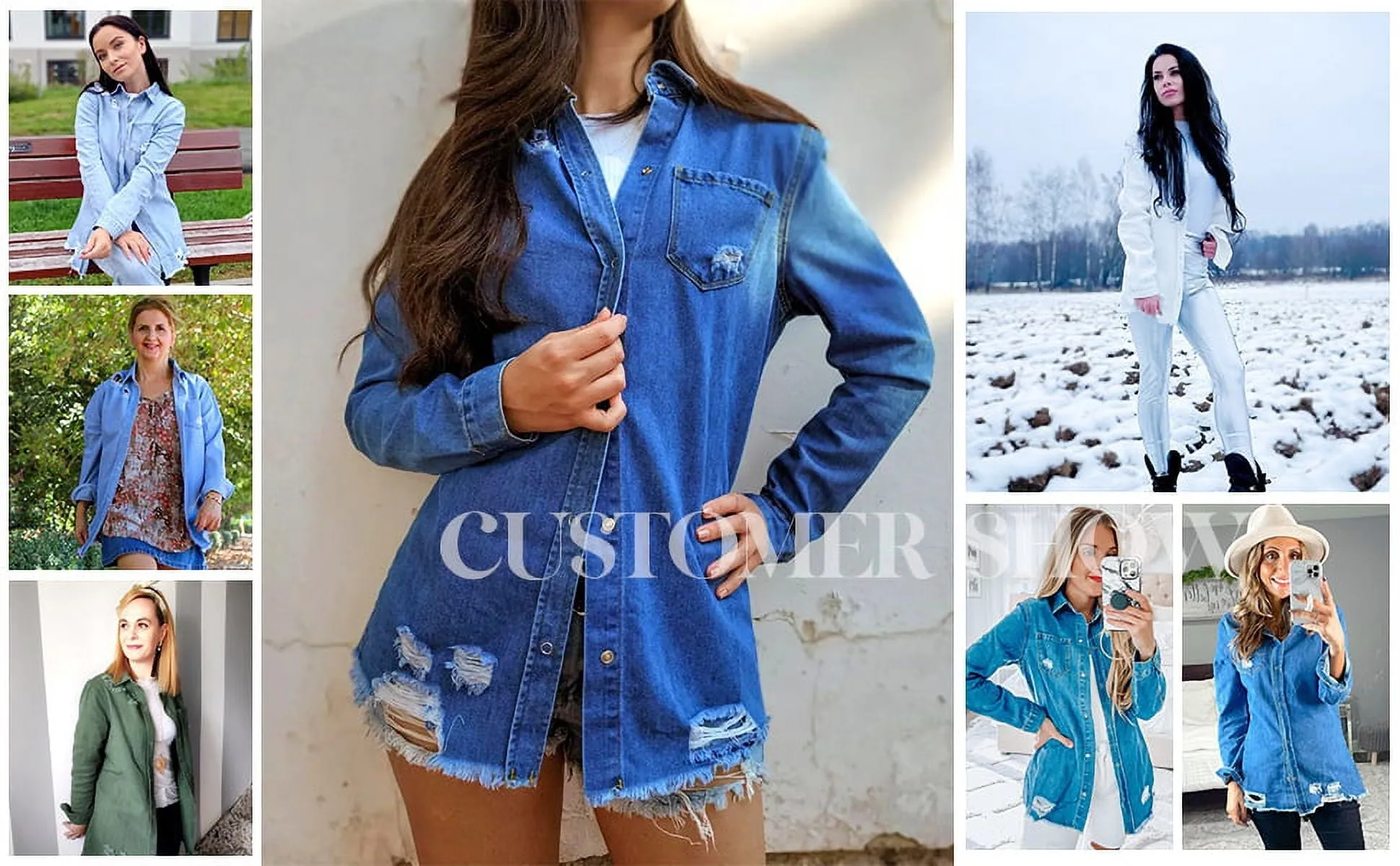 Chase Secret Women's Button Denim Jacket Distressed Ripped Long Sleeve Jean Coat Petite