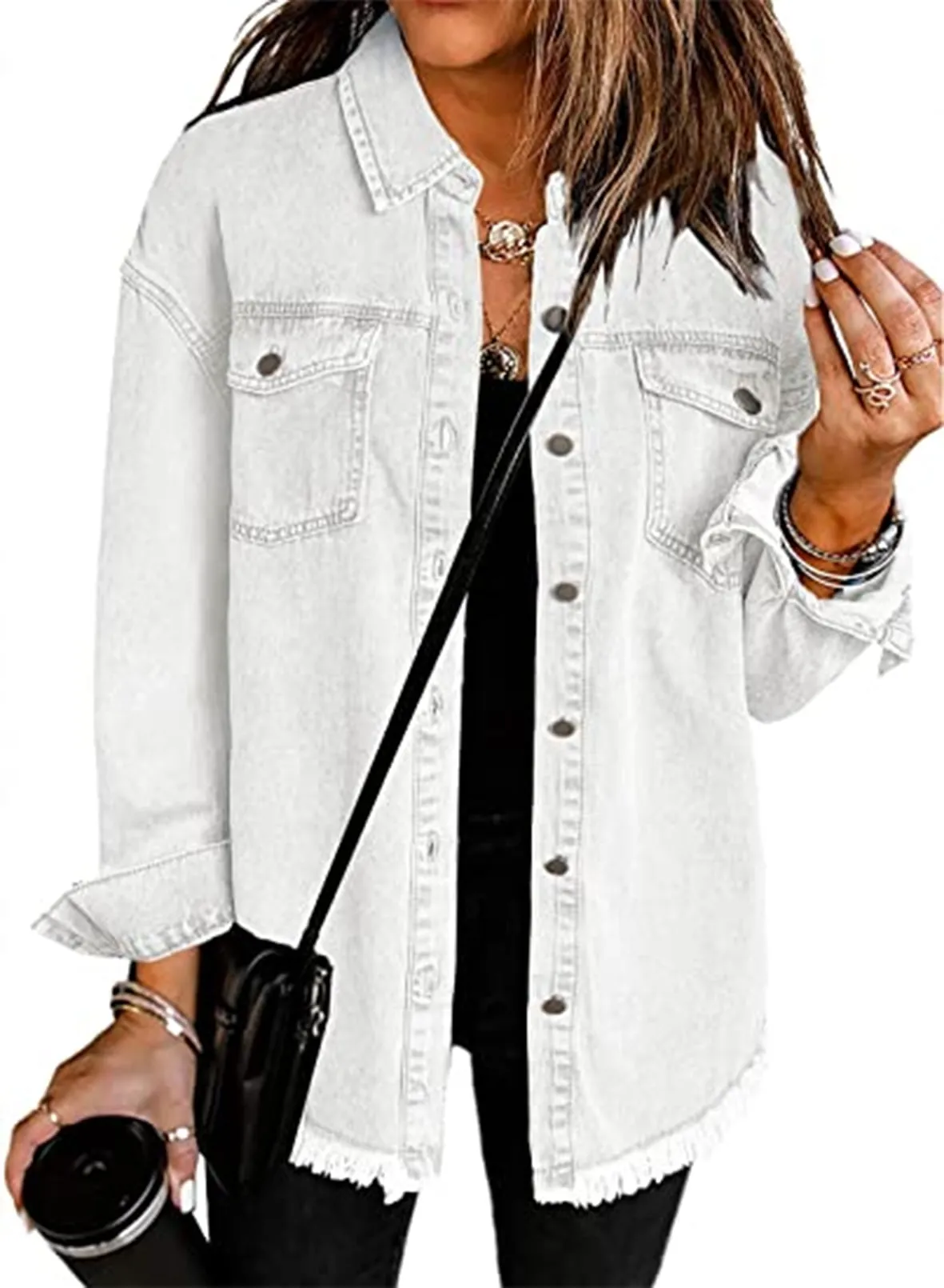 Chase Secret Women's Button Denim Jacket Distressed Ripped Long Sleeve Jean Coat Petite