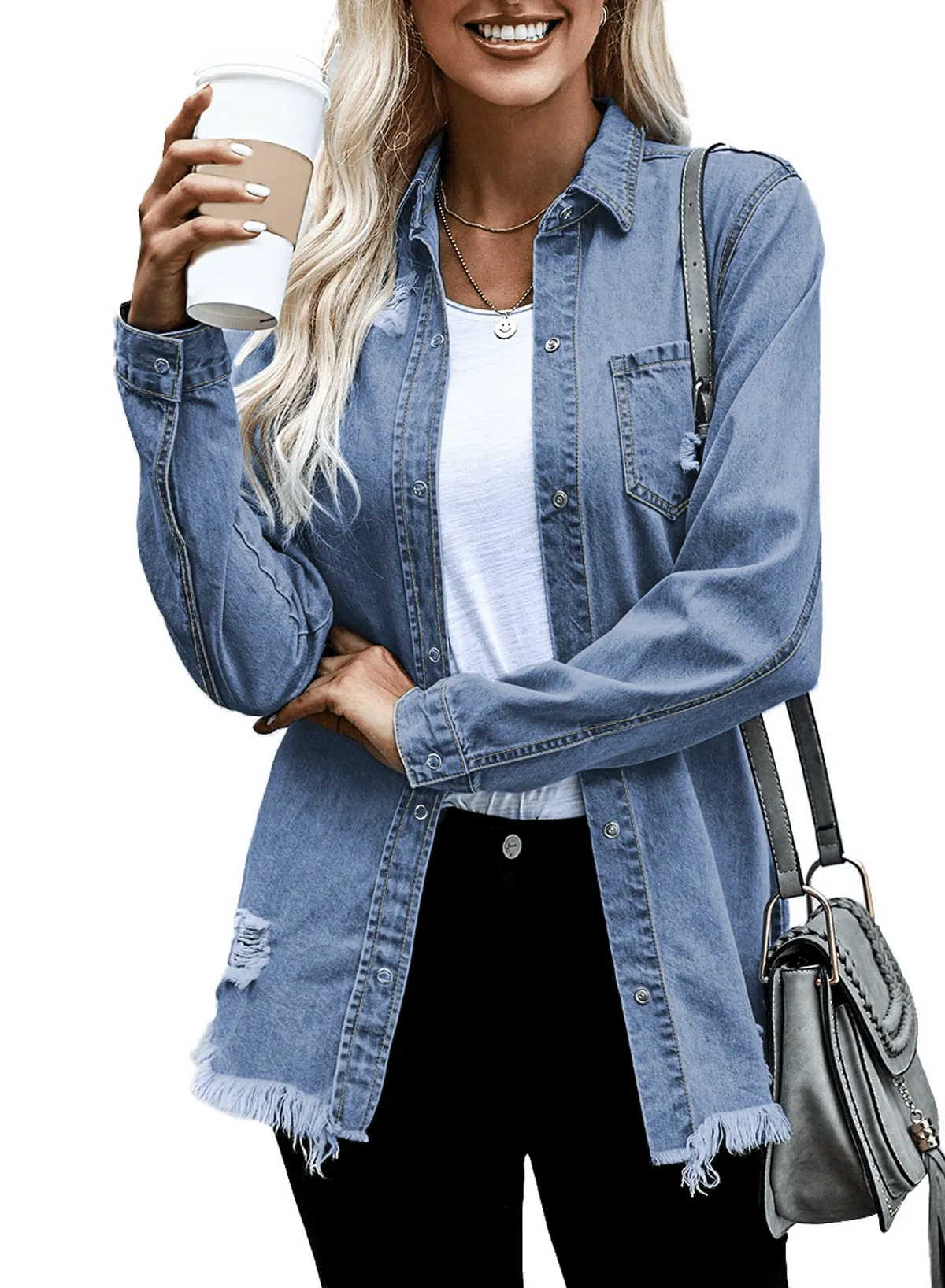 Chase Secret Women's Button Denim Jacket Distressed Ripped Long Sleeve Jean Coat Petite