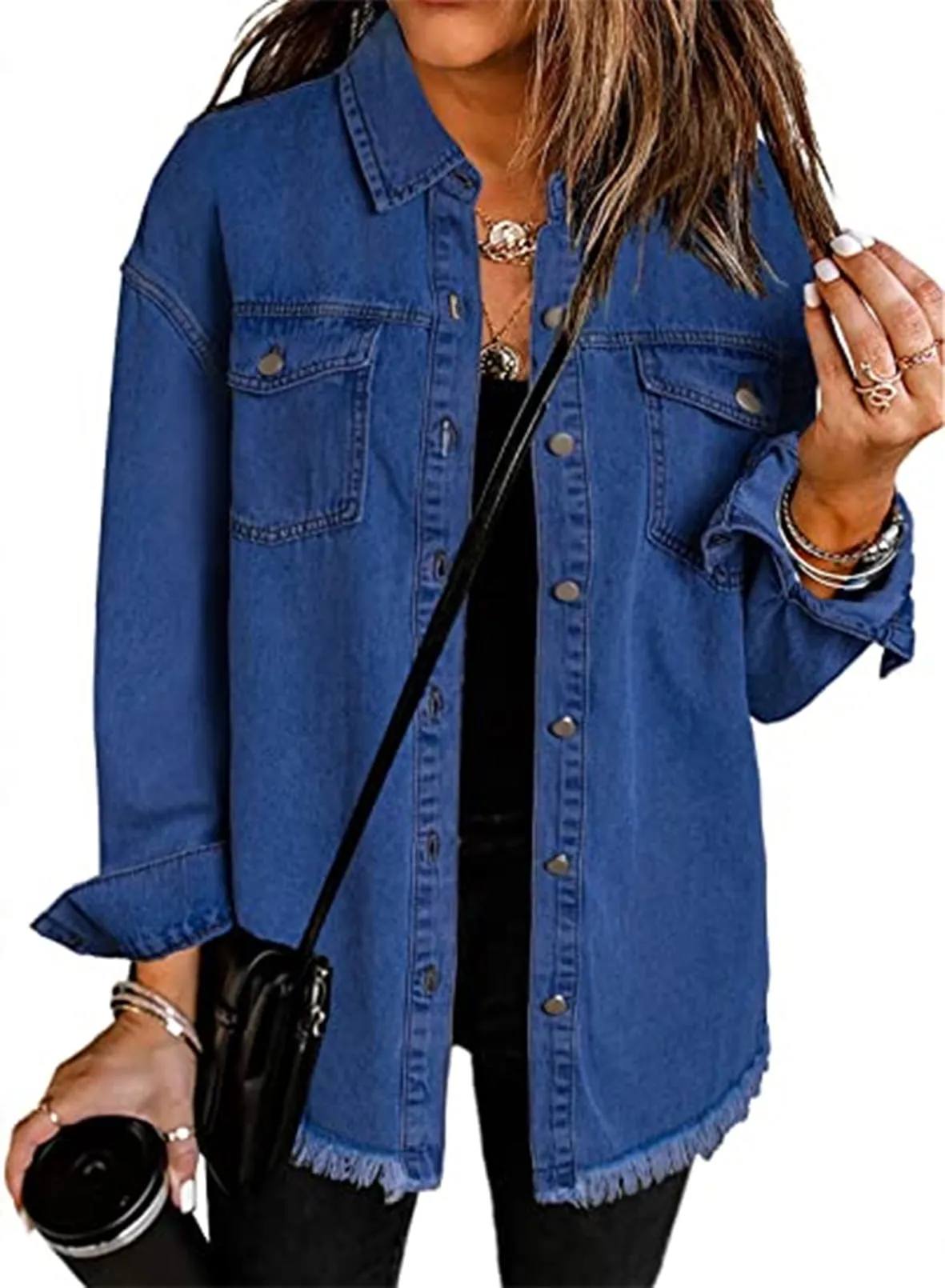 Chase Secret Women's Button Denim Jacket Distressed Ripped Long Sleeve Jean Coat Petite