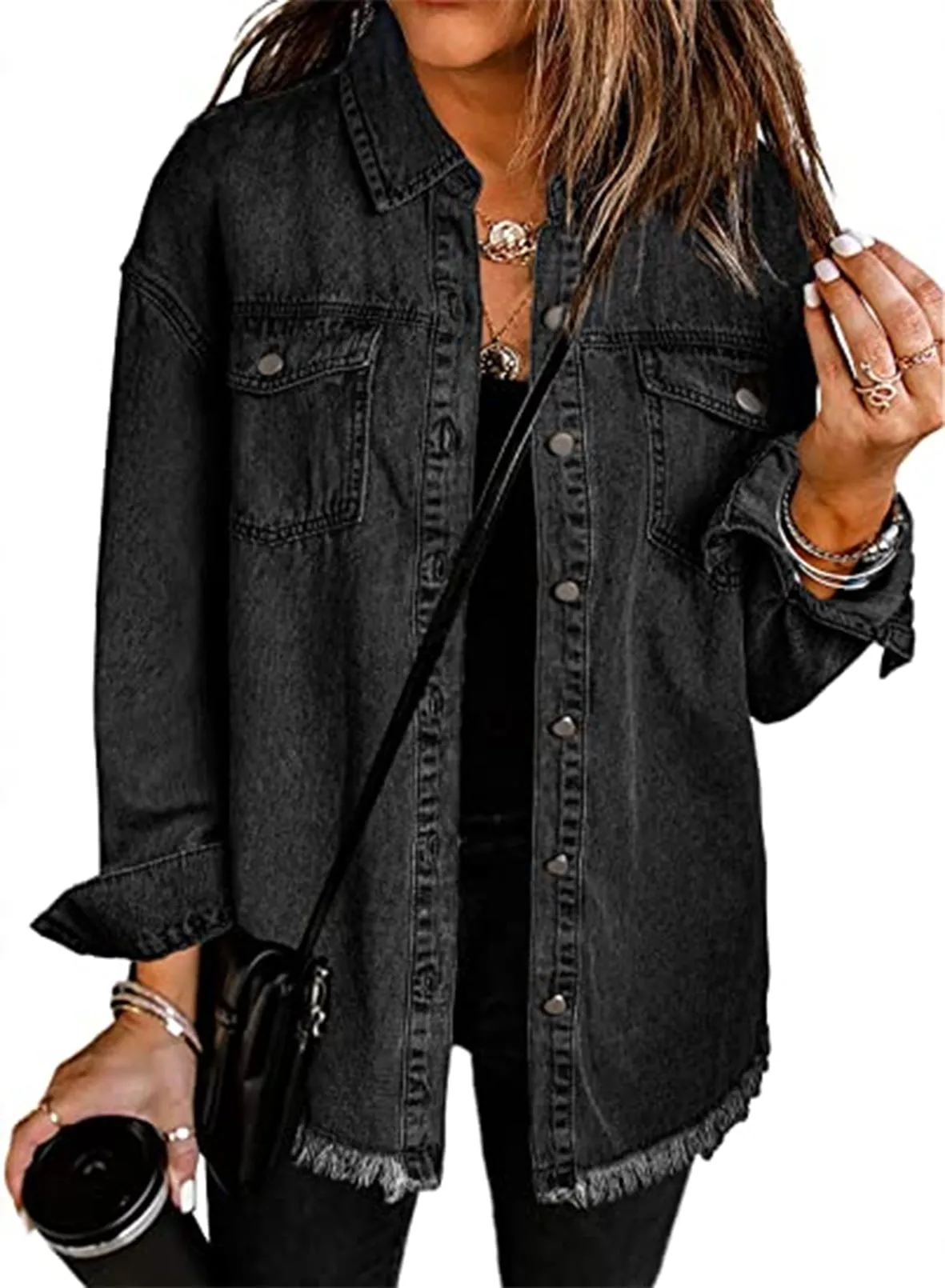 Chase Secret Women's Button Denim Jacket Distressed Ripped Long Sleeve Jean Coat Petite