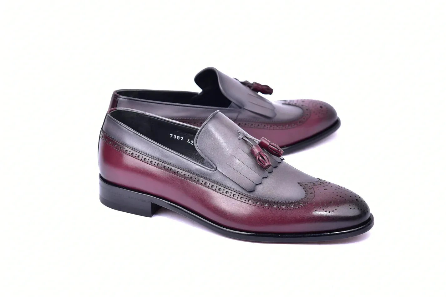 Corrente Men's Wing tip Kiltie Tassel Loafer Burgundy/Grey Style No-C00018-7397