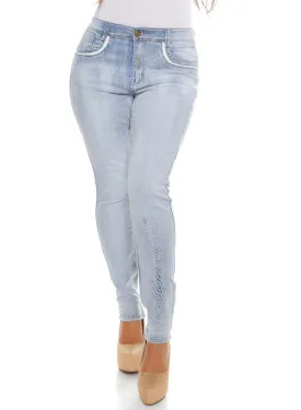 Curvy Girl Blue skinny jeans with embroidered angel wings rear pocket design.