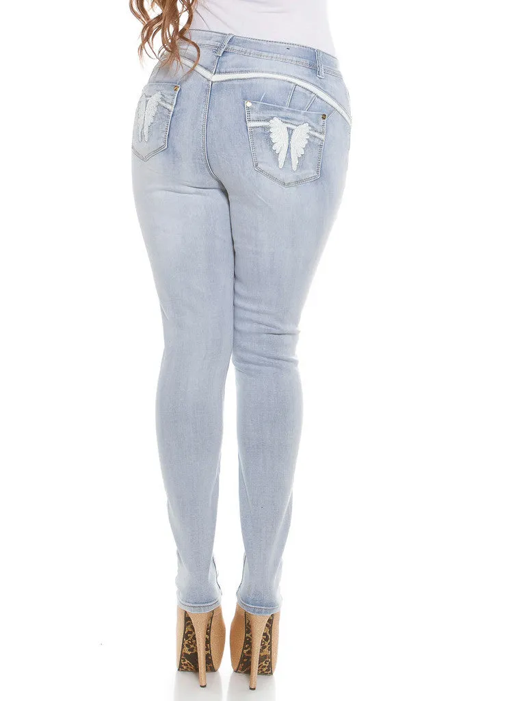 Curvy Girl Blue skinny jeans with embroidered angel wings rear pocket design.