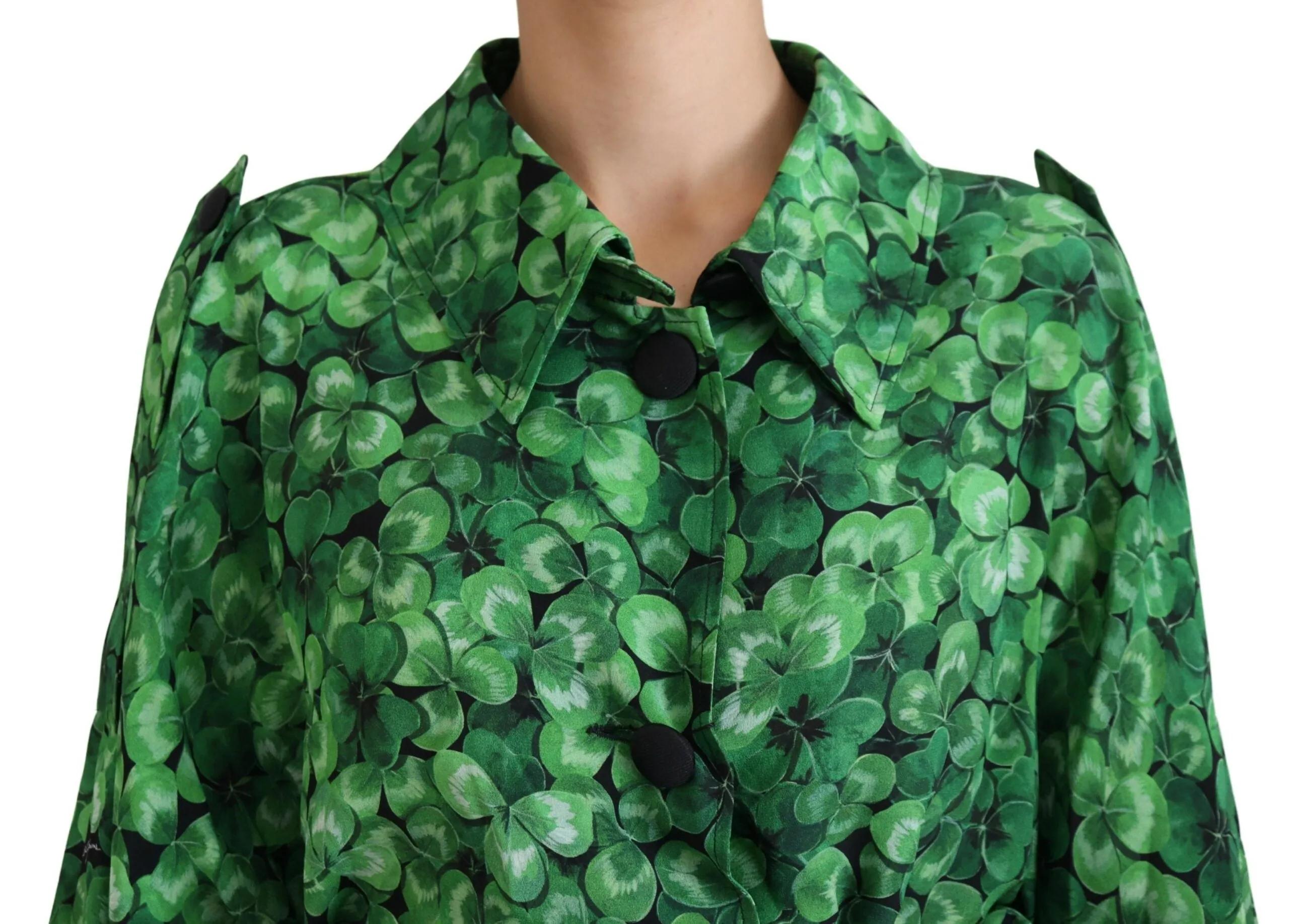 Dolce & Gabbana Green Leaves Print Silk Trench Coat Jacket