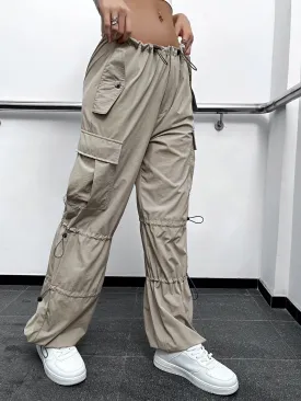 Drawstring Detail Flap Pocket Parachute Cargo Pants