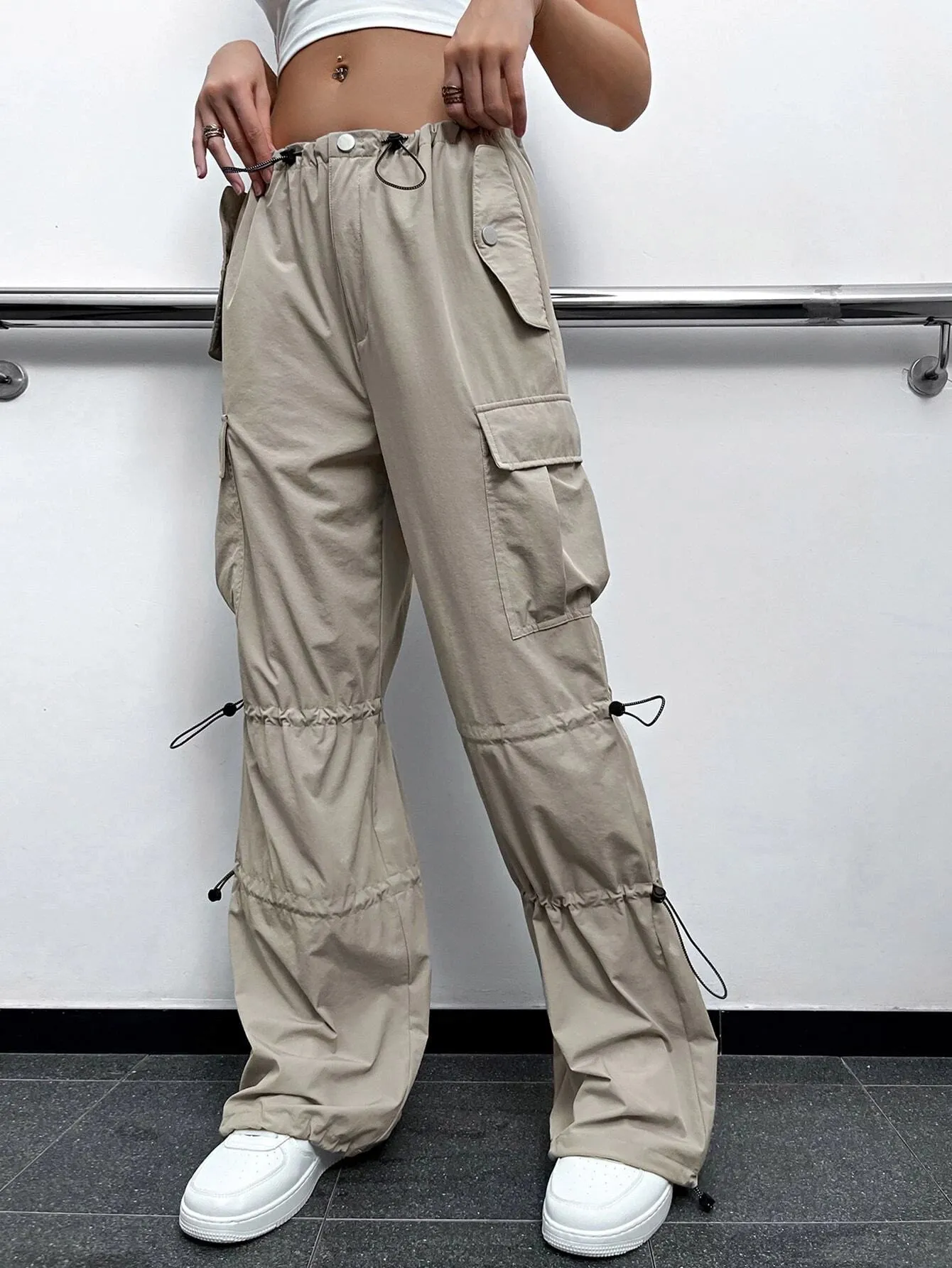 Drawstring Detail Flap Pocket Parachute Cargo Pants