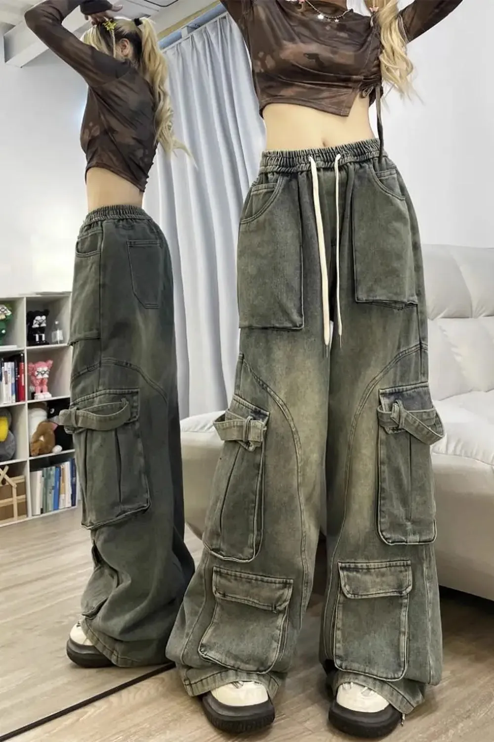 Elastic Waist Cargo Multi Pockets Retro Jeans