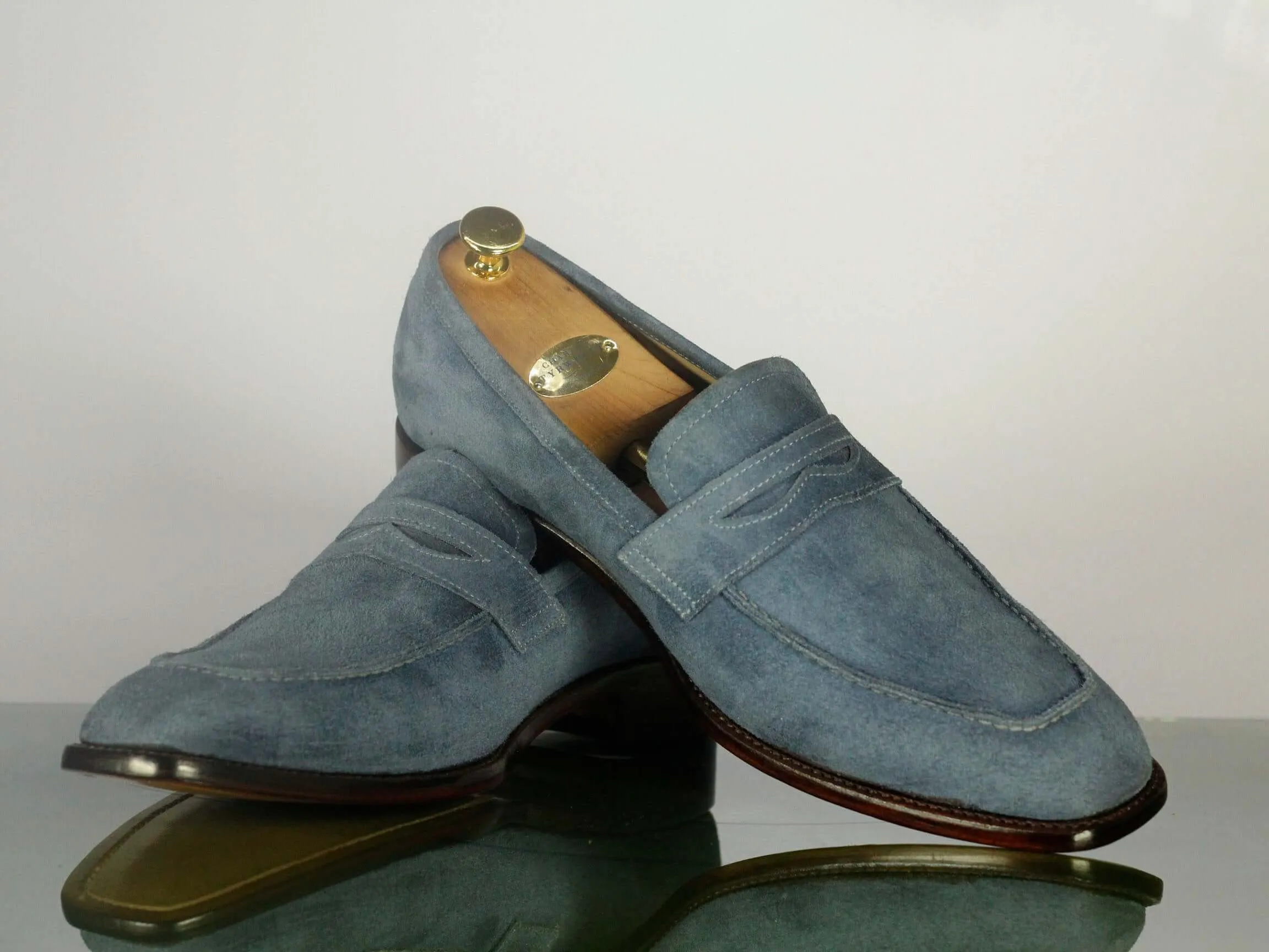 Elegant Handmade Men's Gray Suede Penny Loafer Shoes, Men Designer Dress Moccasin Shoes