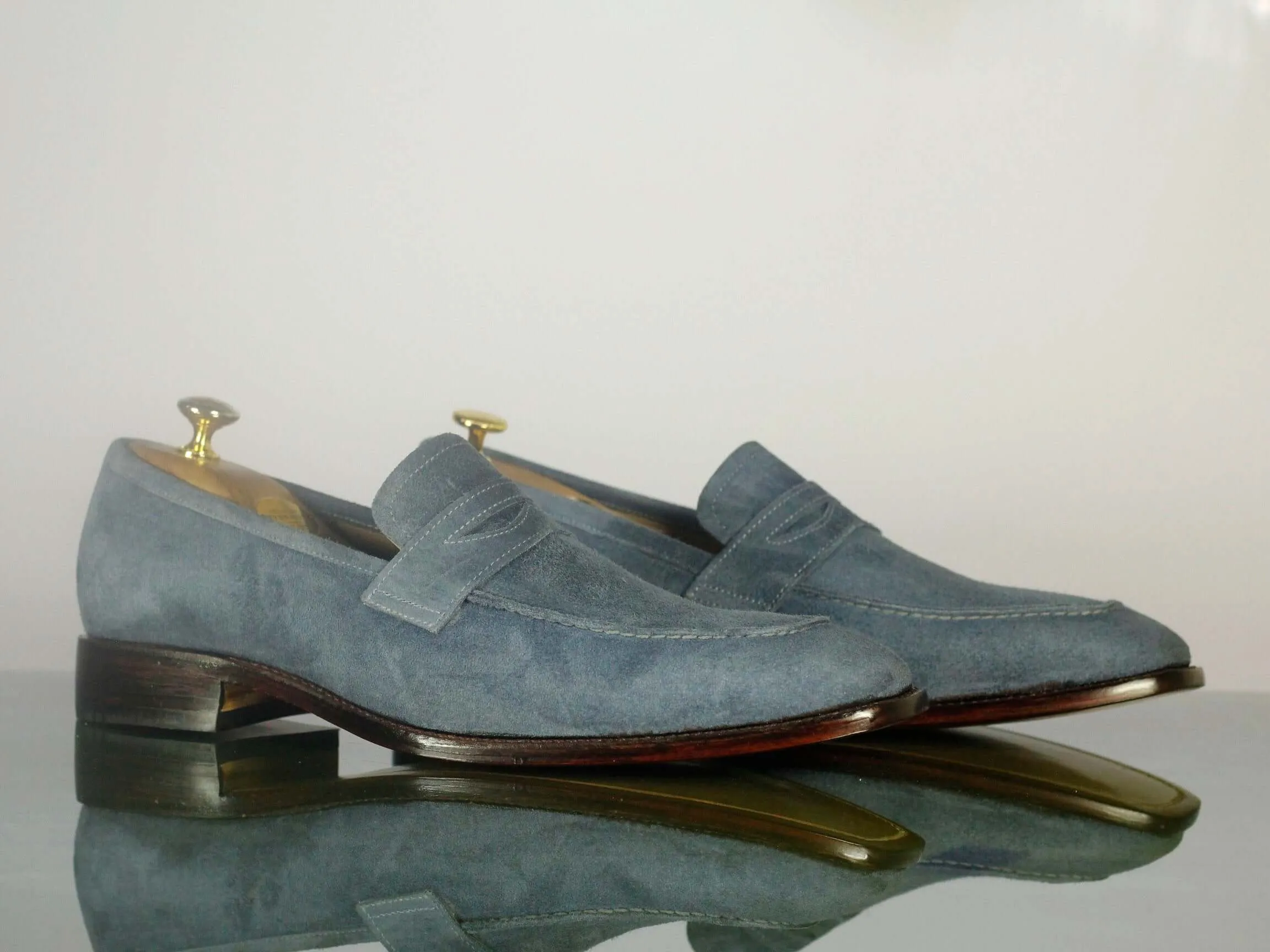 Elegant Handmade Men's Gray Suede Penny Loafer Shoes, Men Designer Dress Moccasin Shoes