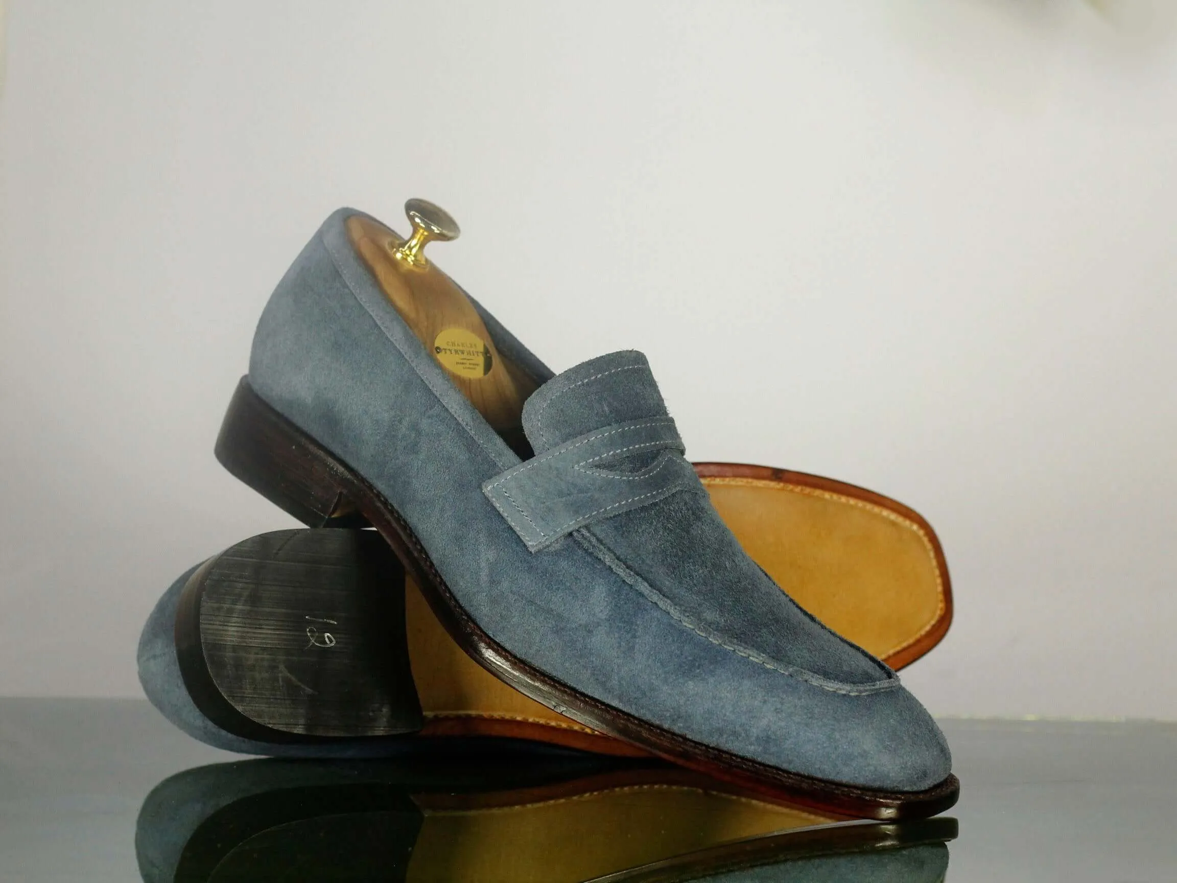 Elegant Handmade Men's Gray Suede Penny Loafer Shoes, Men Designer Dress Moccasin Shoes