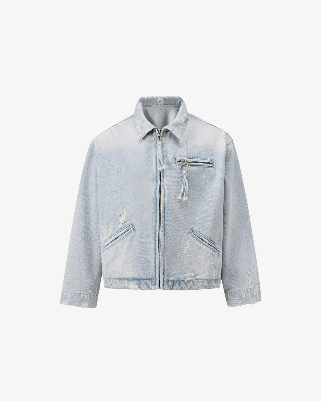 Faded Distressed Denim Work Jacket in Grey & Blue