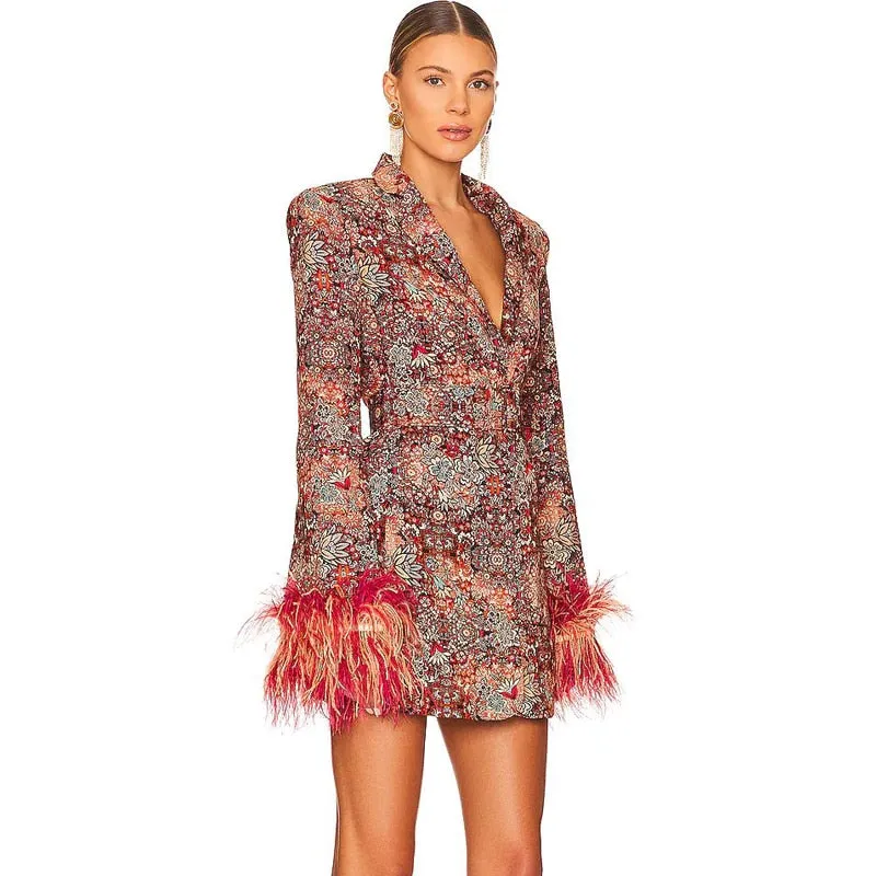 Floral Temperament Women's Fitted Cuff Feather Dress Coat